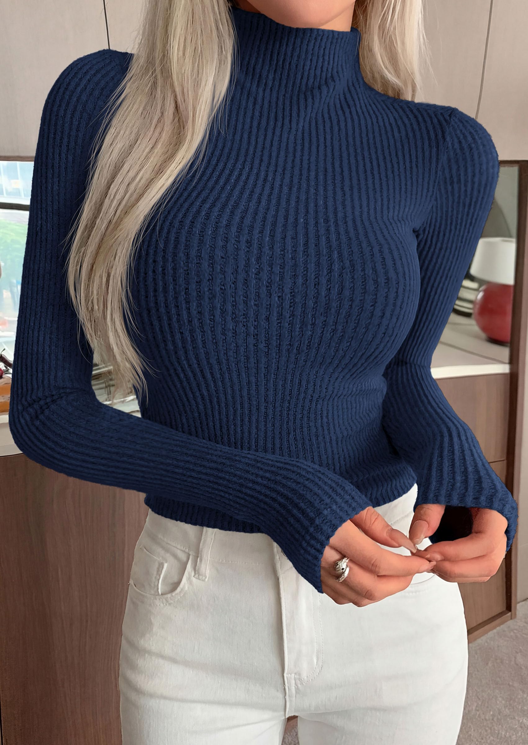 Long Sleeve Shirts for Women Fall Ribbed Mock Turtleneck Tops