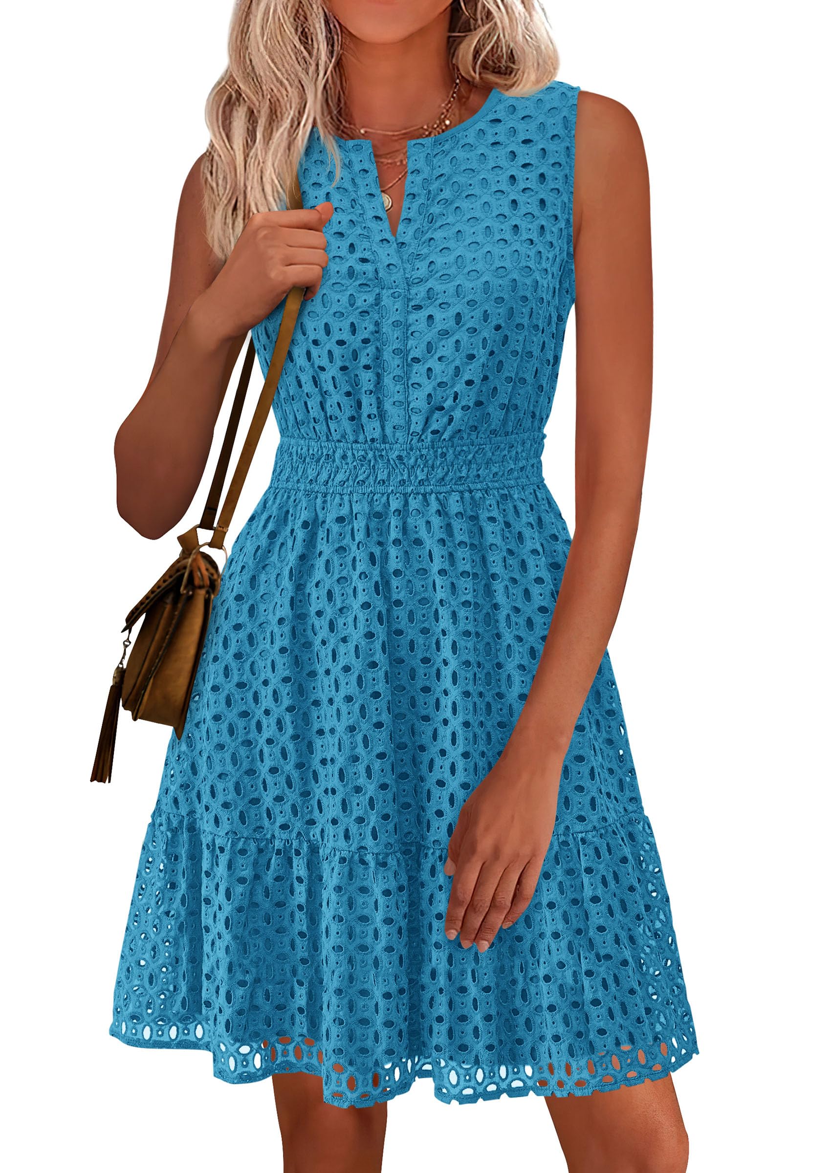 Women's Summer Eyelet A Line Short Dresses,Lake Blue,S