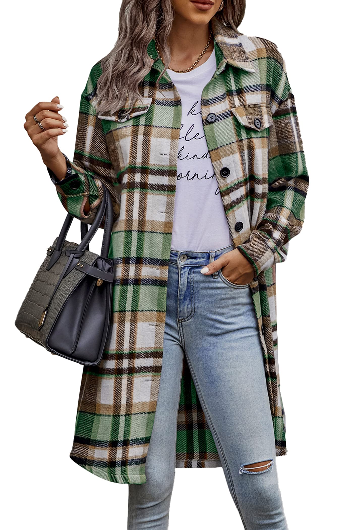 Womens Plaid Shacket Jacket Flannel Shirts,Green,L