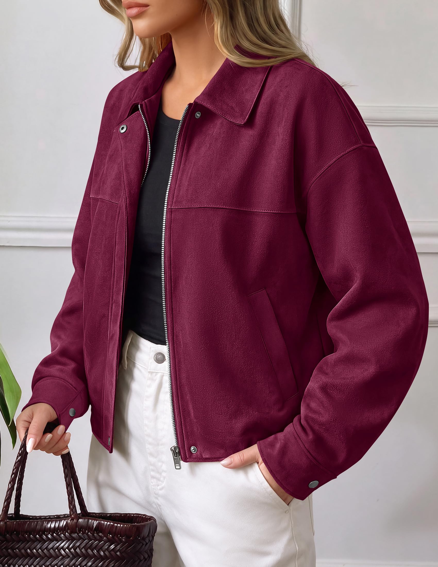 Women's Faux Suede Cropped Fall Jackets,Wine Red,S