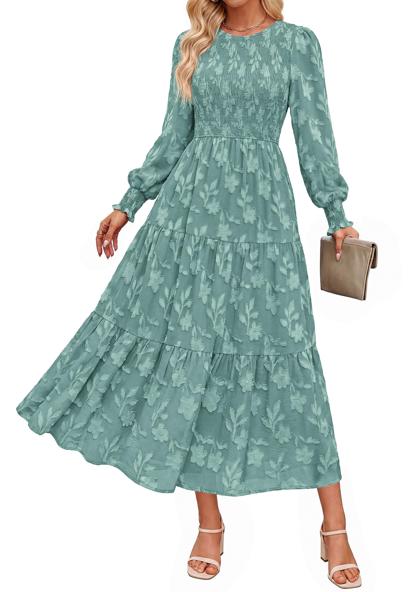 Fall Floral Long Sleeve Wedding Guest Dress for Women Pockets