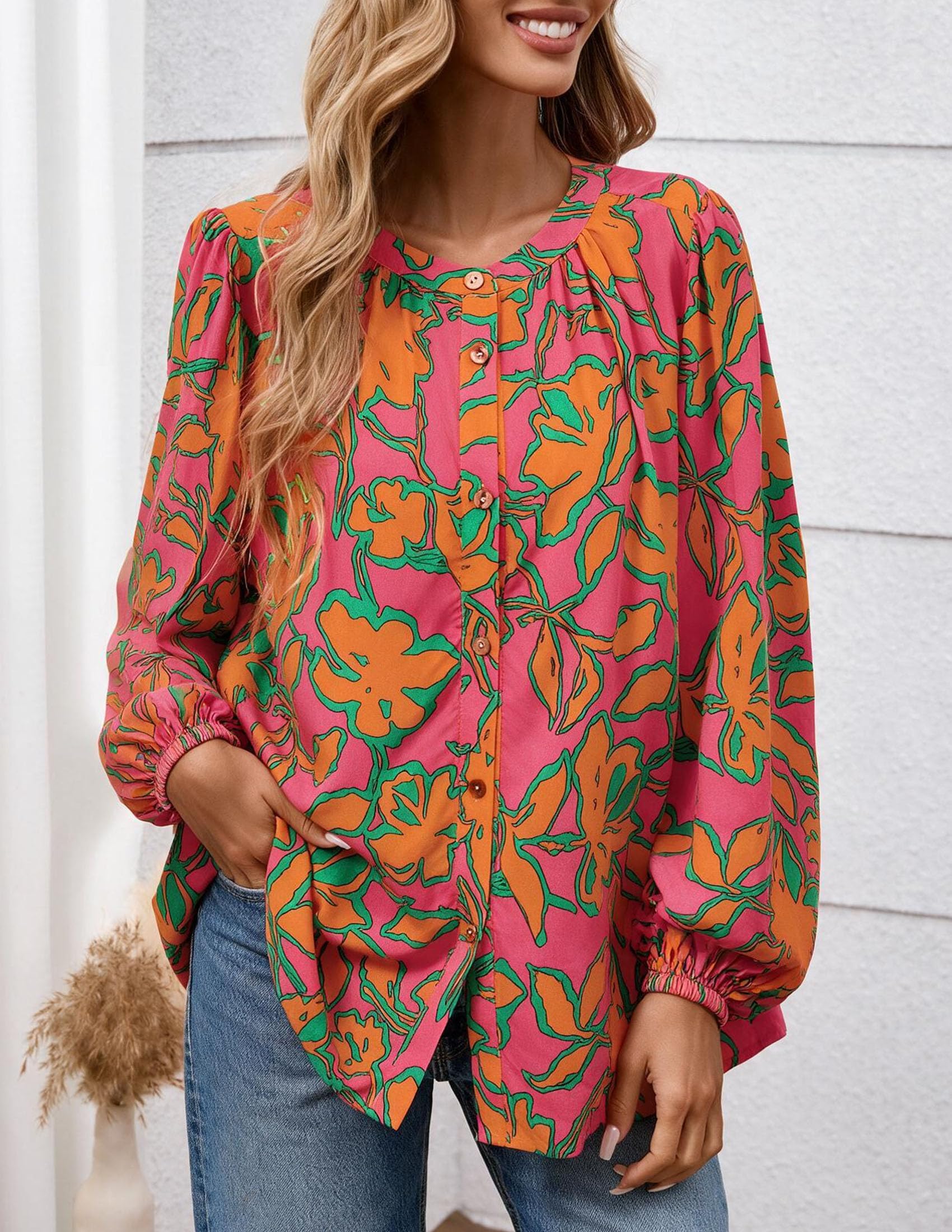 Women's Boho Tops Fall Long Sleeve Button Down Floral Blouses