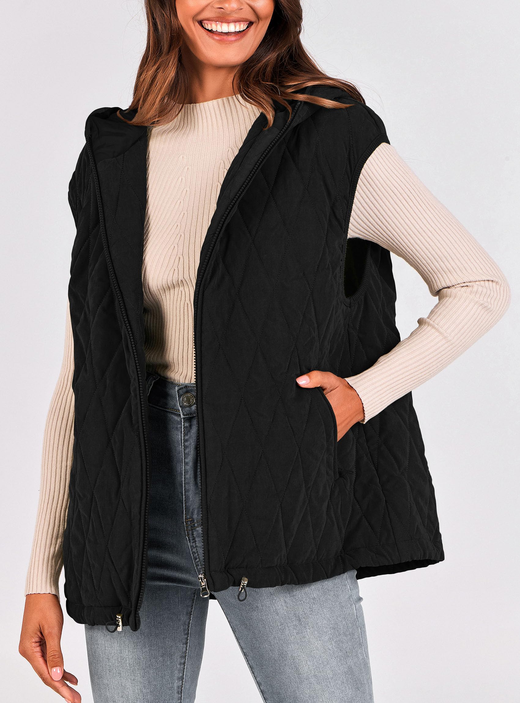 Women's Fall Fashion Vest Zip Up Jacket(Black,Small)