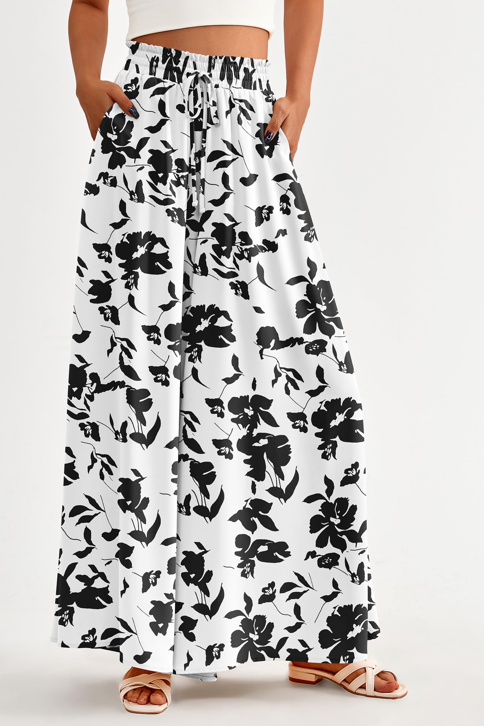 Summer Wide Leg Palazzo Pants for Women Casual,Print Black,S