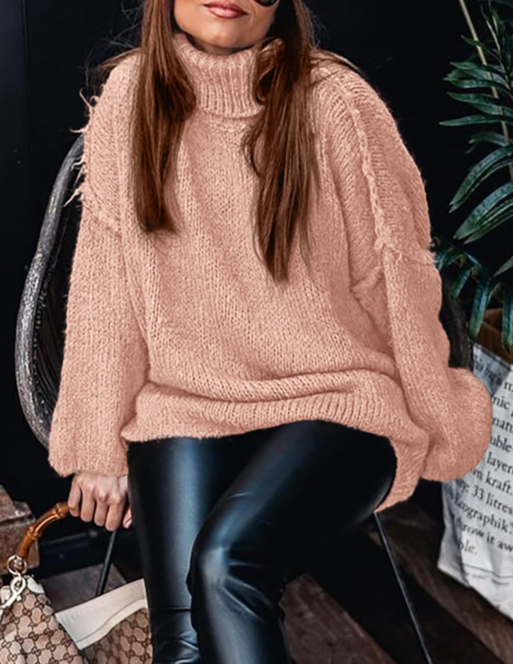 Womens Turtleneck Long Sleeve Oversized Sweaters,Light Pink,S
