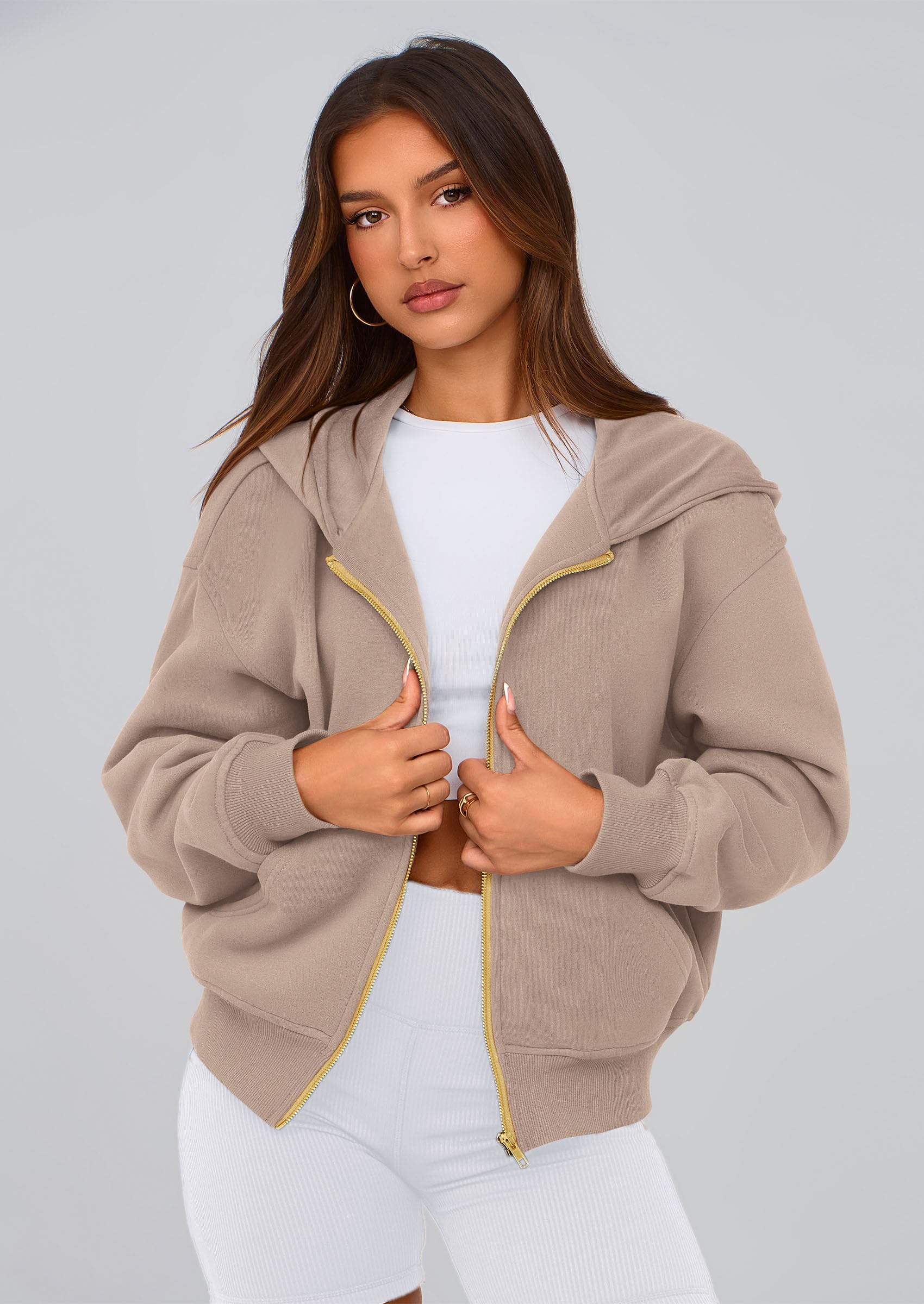 Hoodies for Women Fall Fashion Zip Up Fleece Plain Sweatshirt