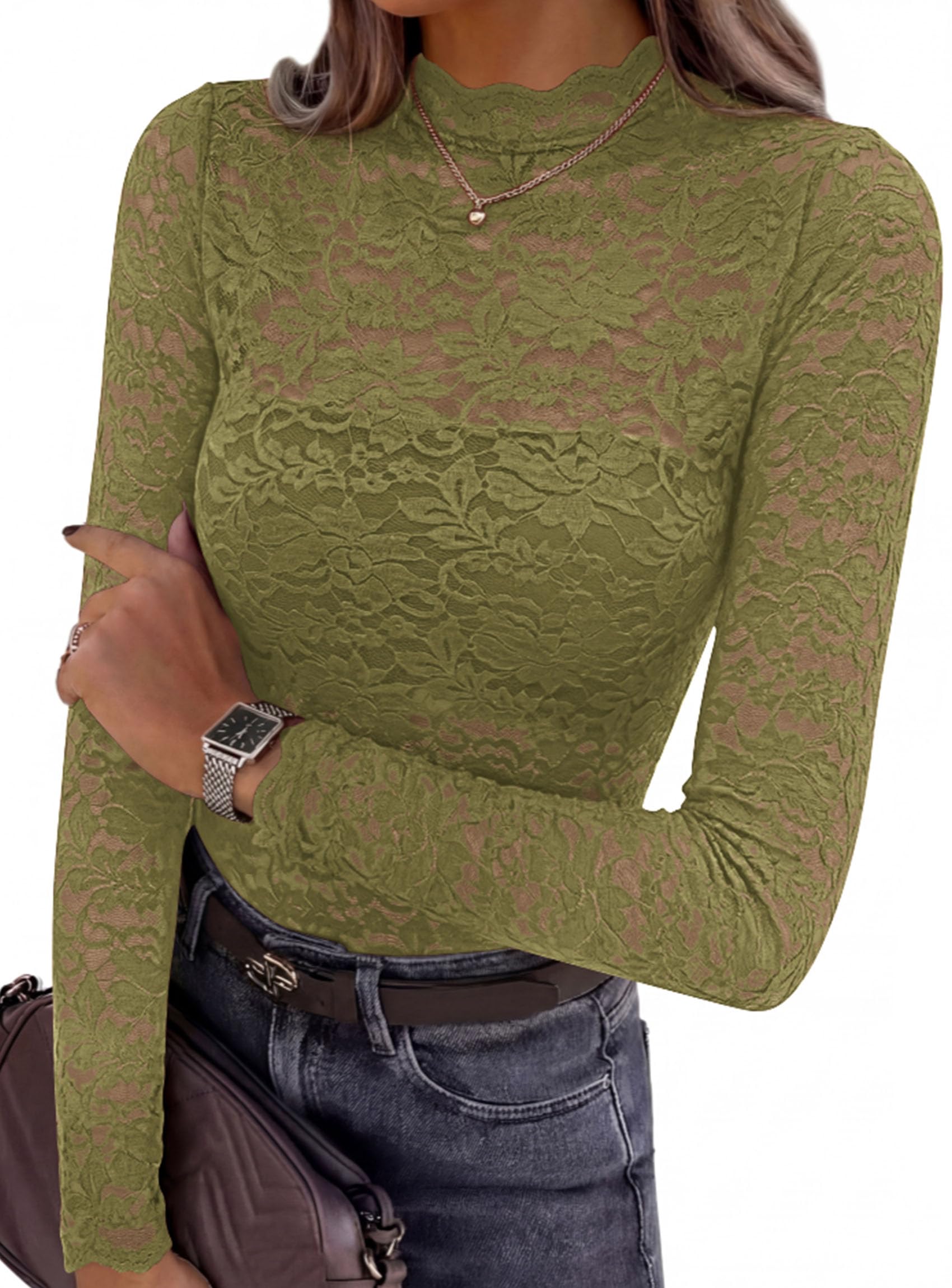 Womens Lace Long Sleeve Tops Sheer Mesh Blouse Green,S