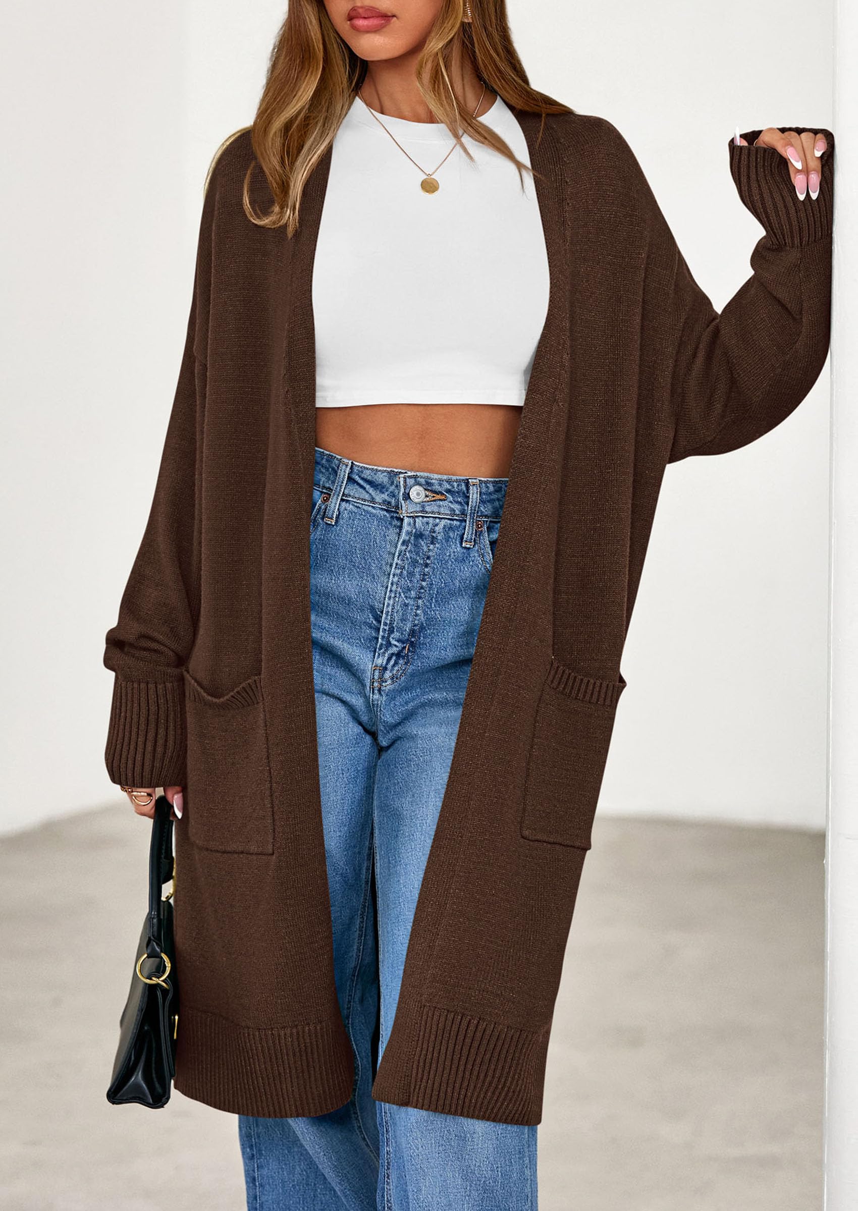 Women's Oversized Open Front Long Knit Cardigan,Brown,S