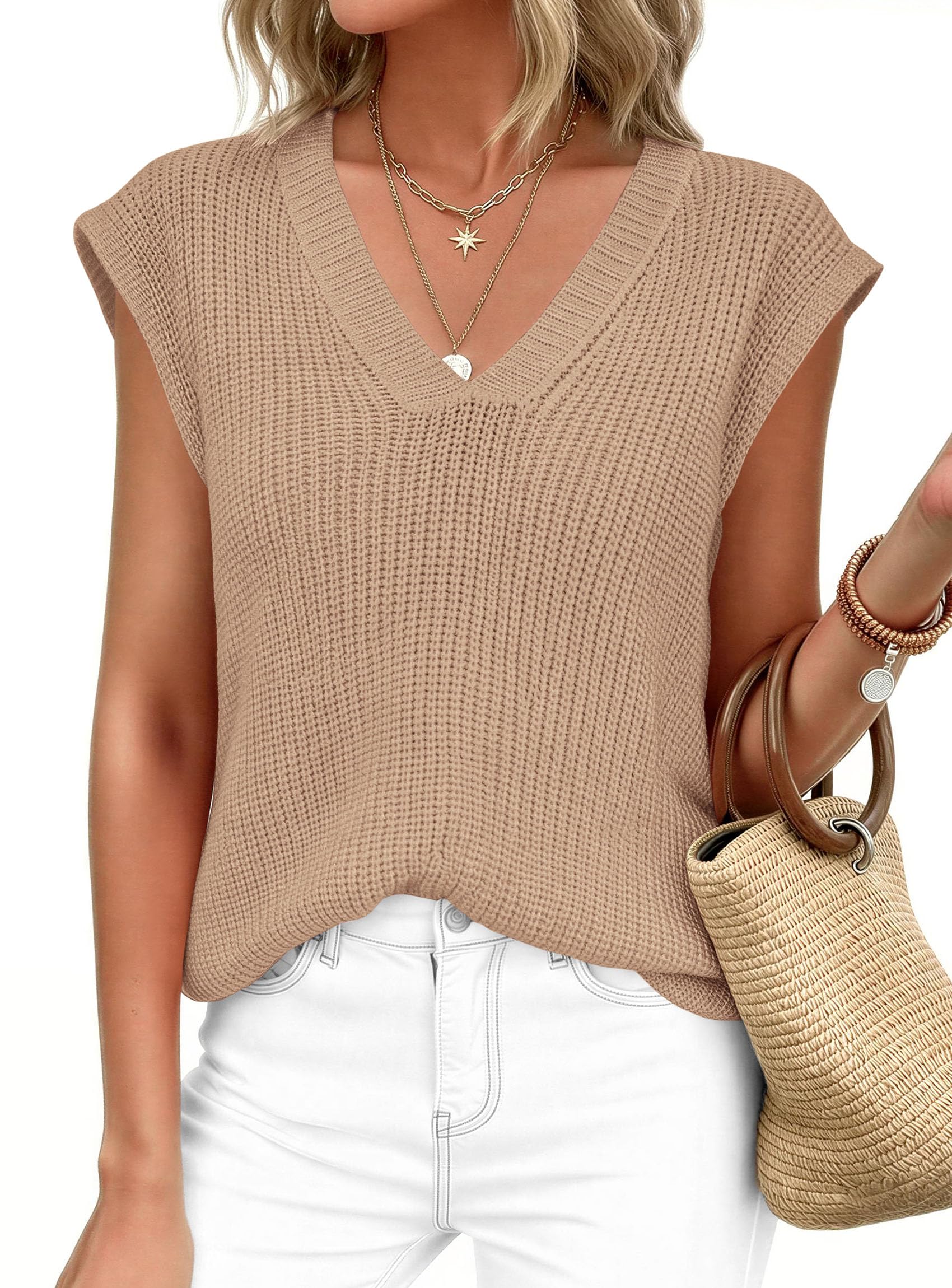 Women's Cap Sleeve Sweaters Vest Summer Tops (Khaki,S)