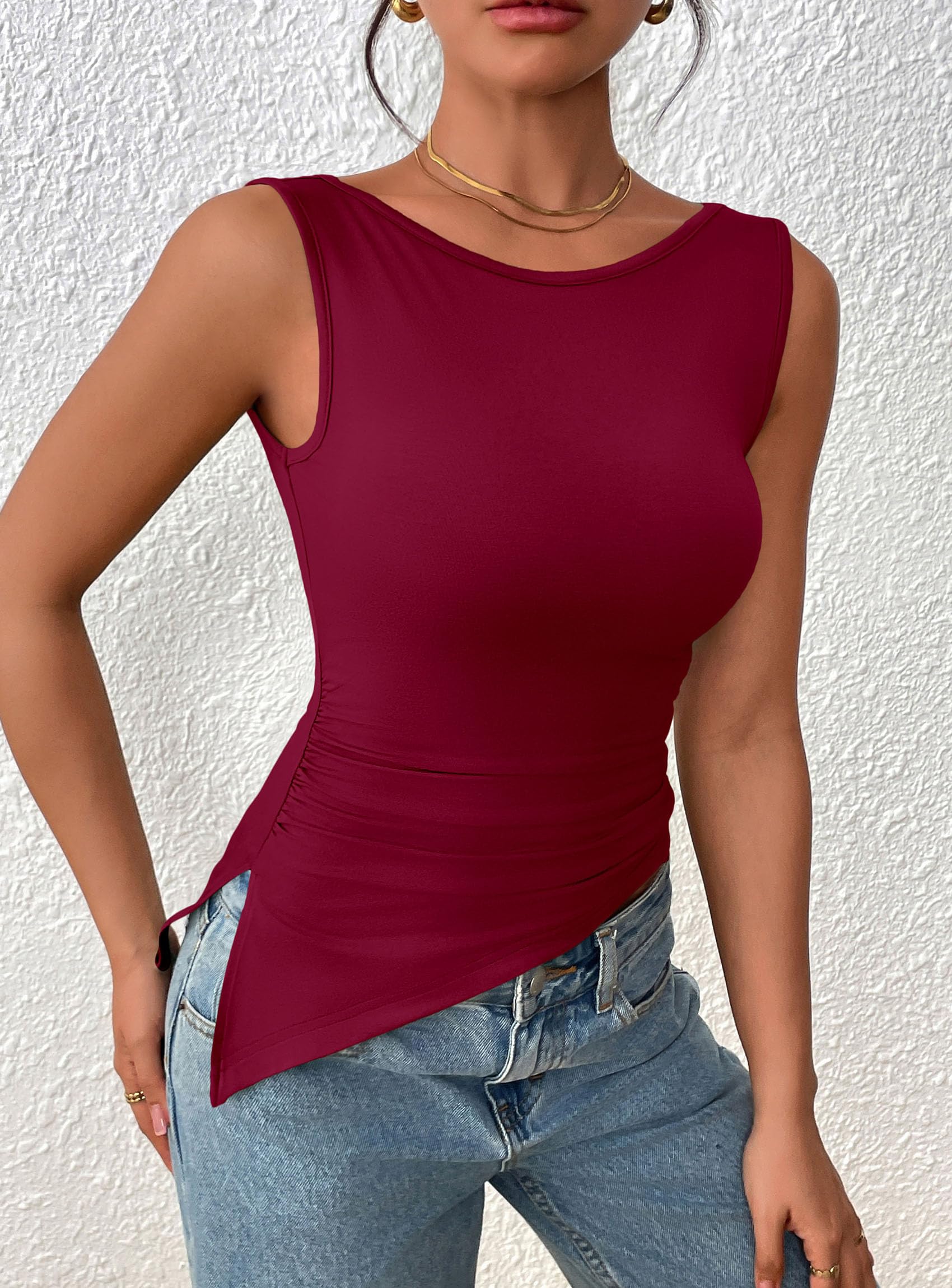 Women's Ruched Tank Tops Summer Y2K Shirts,Burgundy,S