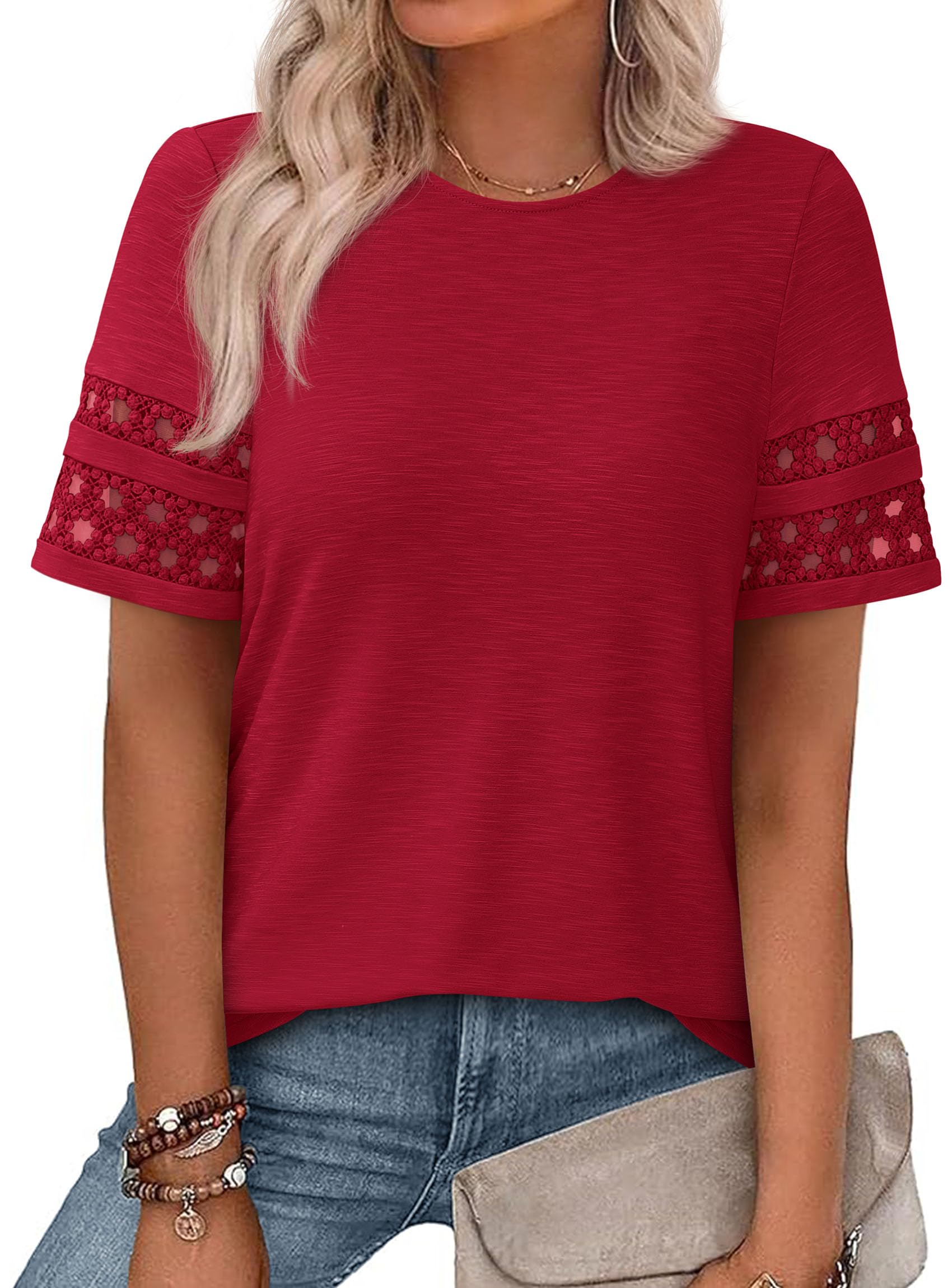 Women's Summer Short Sleeve Lace Trim T-Shirts,Red,S