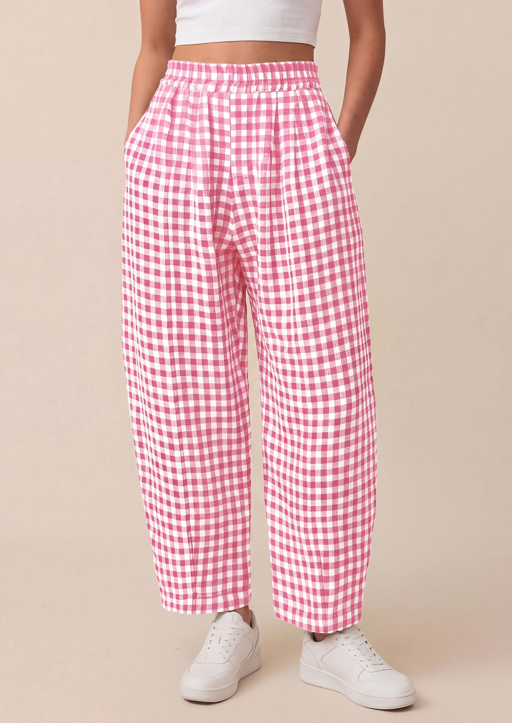 Plaid Barrel Pants Women Summer Bottoms, Pink Plaid,S
