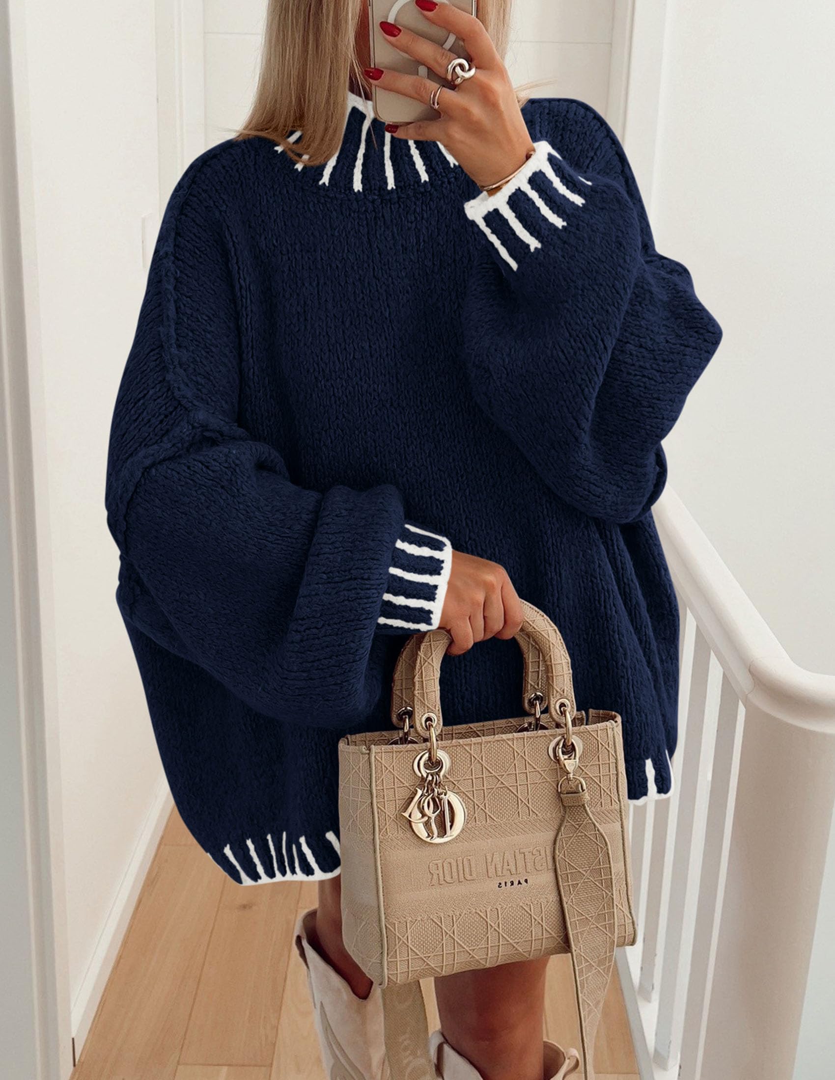 Women's Mock Neck Oversized Pullover Sweaters,Navy Blue,XS