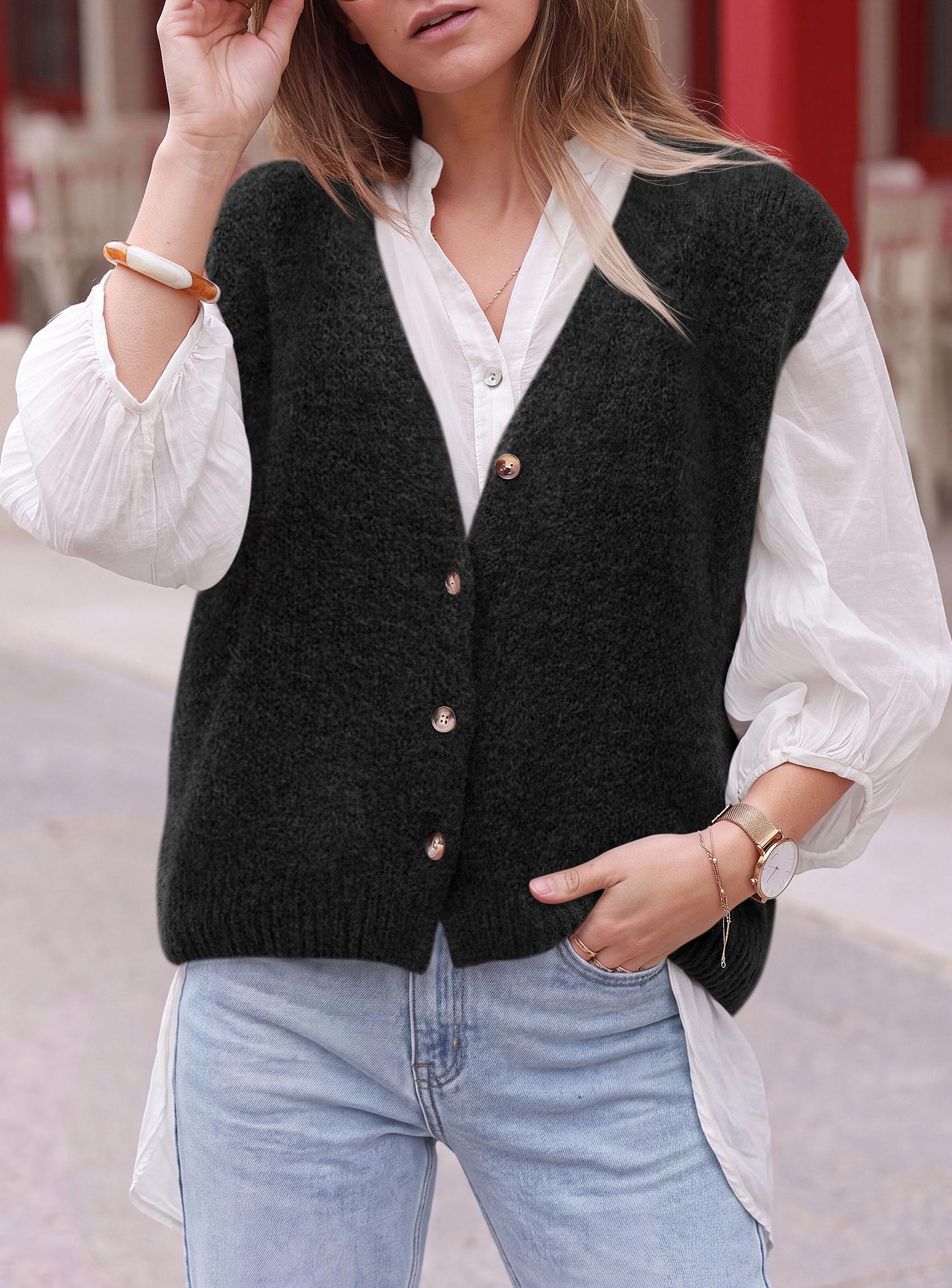 Womens Fall Sleeveless Button Down Sweater Vest,Black,S