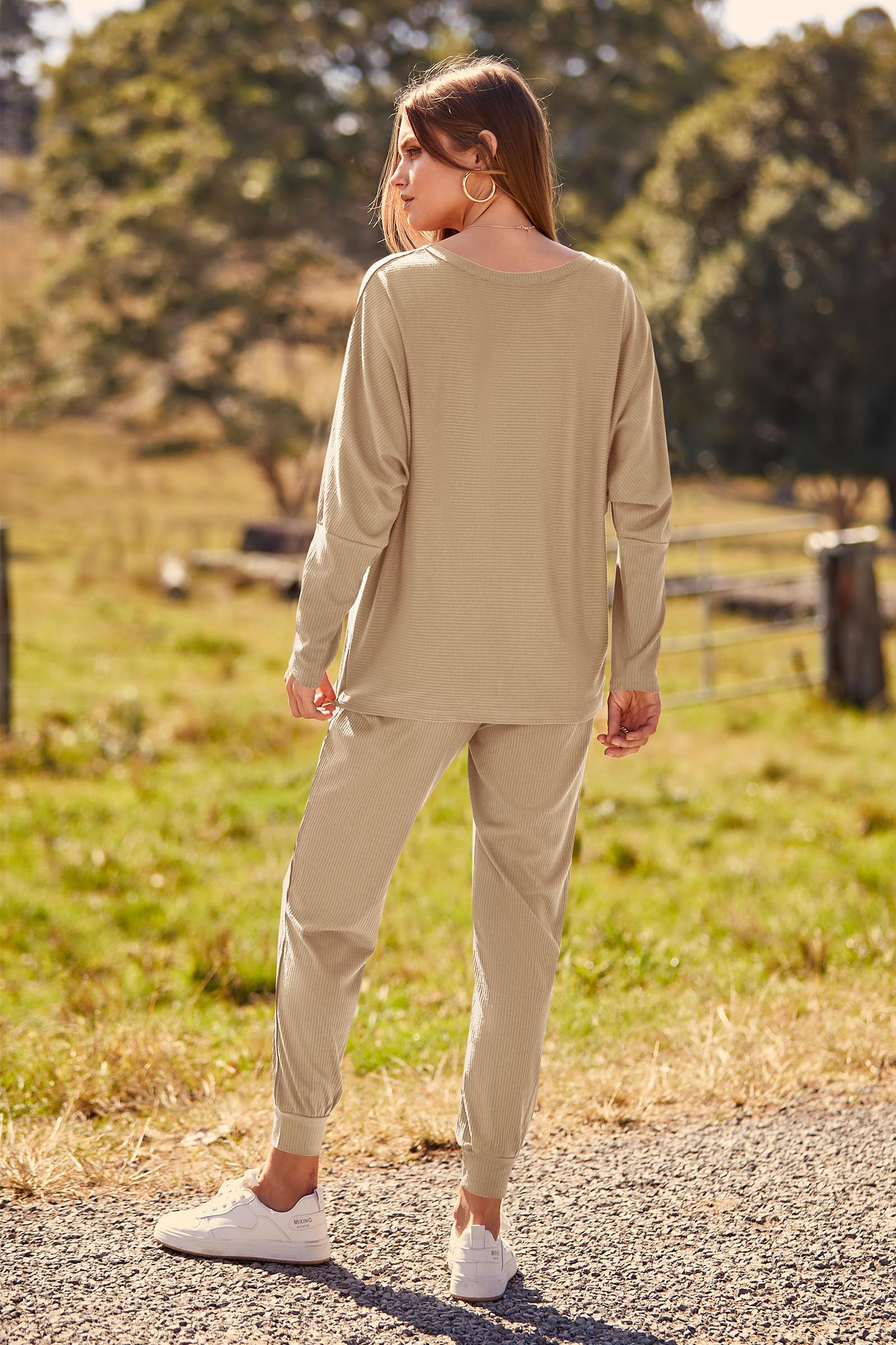 Women's 2 Piece Fall Outfits Matching Ribbed Knit Lounge Sets