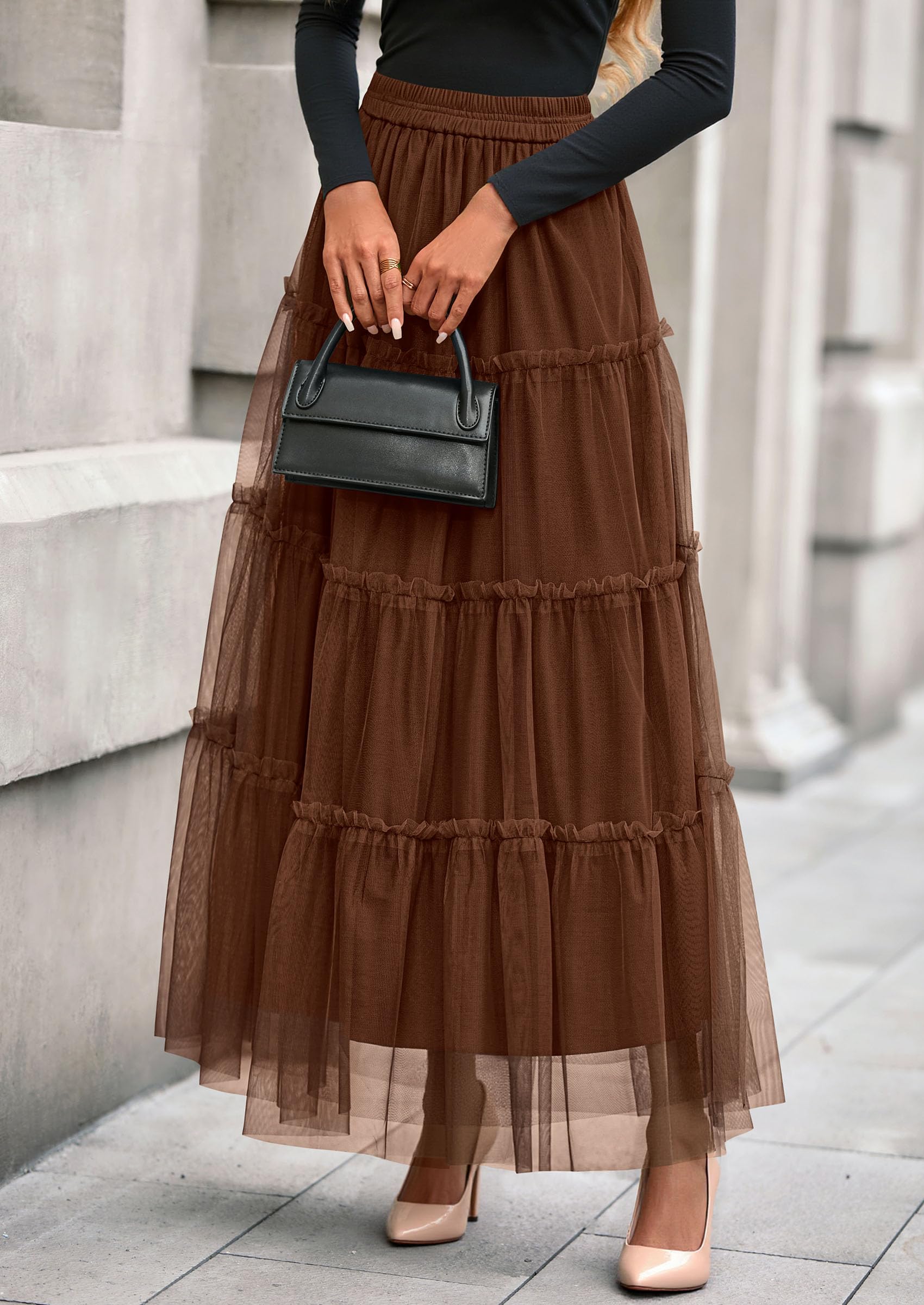 Women's Fall Soft Tulle Tiered Long Skirt,Brown,S