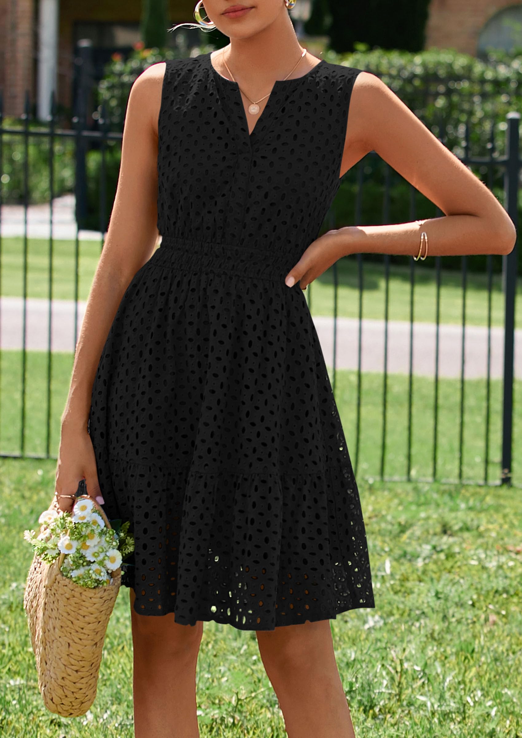 Women's Summer Eyelet A Line Short Dresses,Black,S