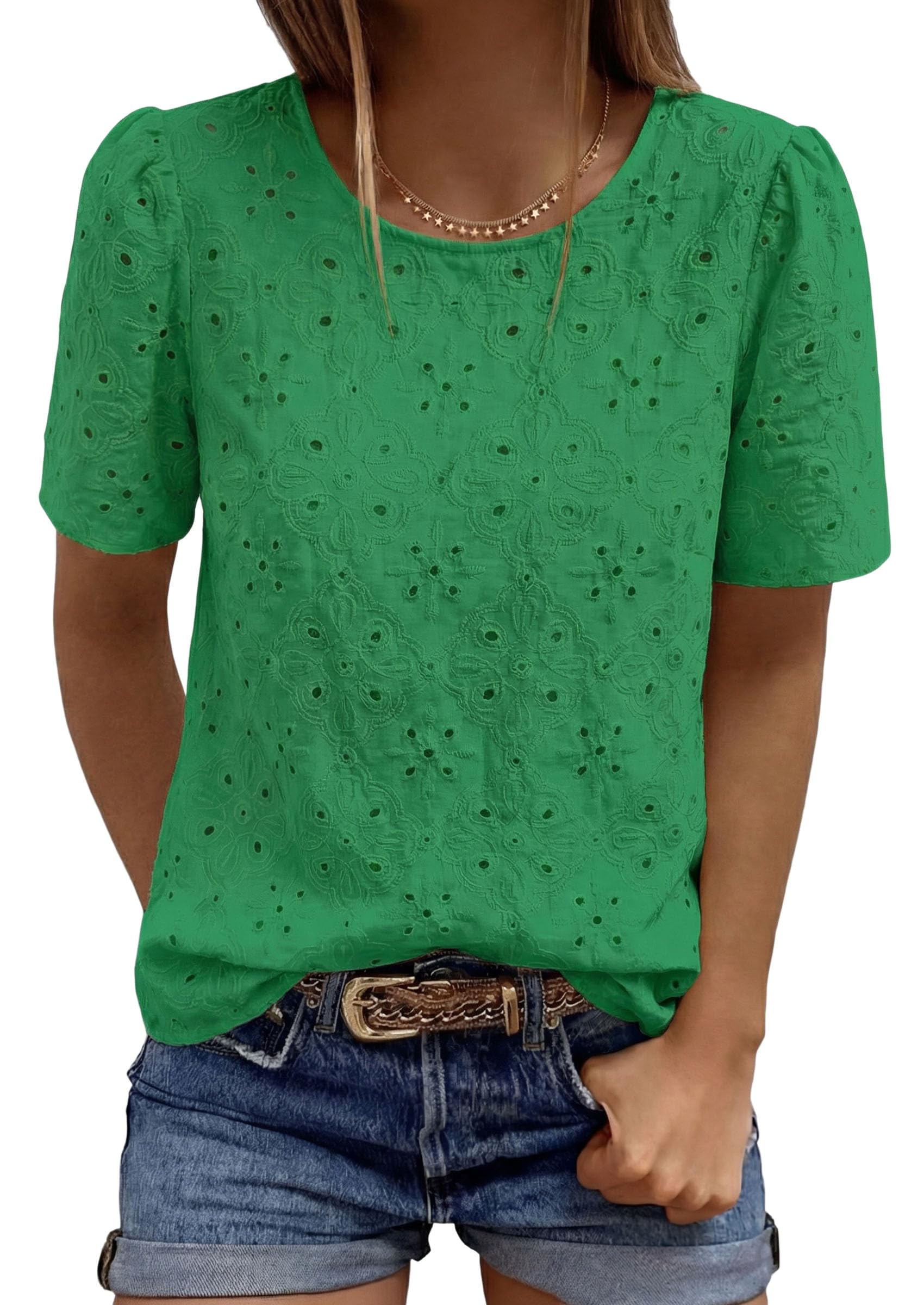 Women's Embroidered Eyelet Short Sleeve Blouse, Green,XS