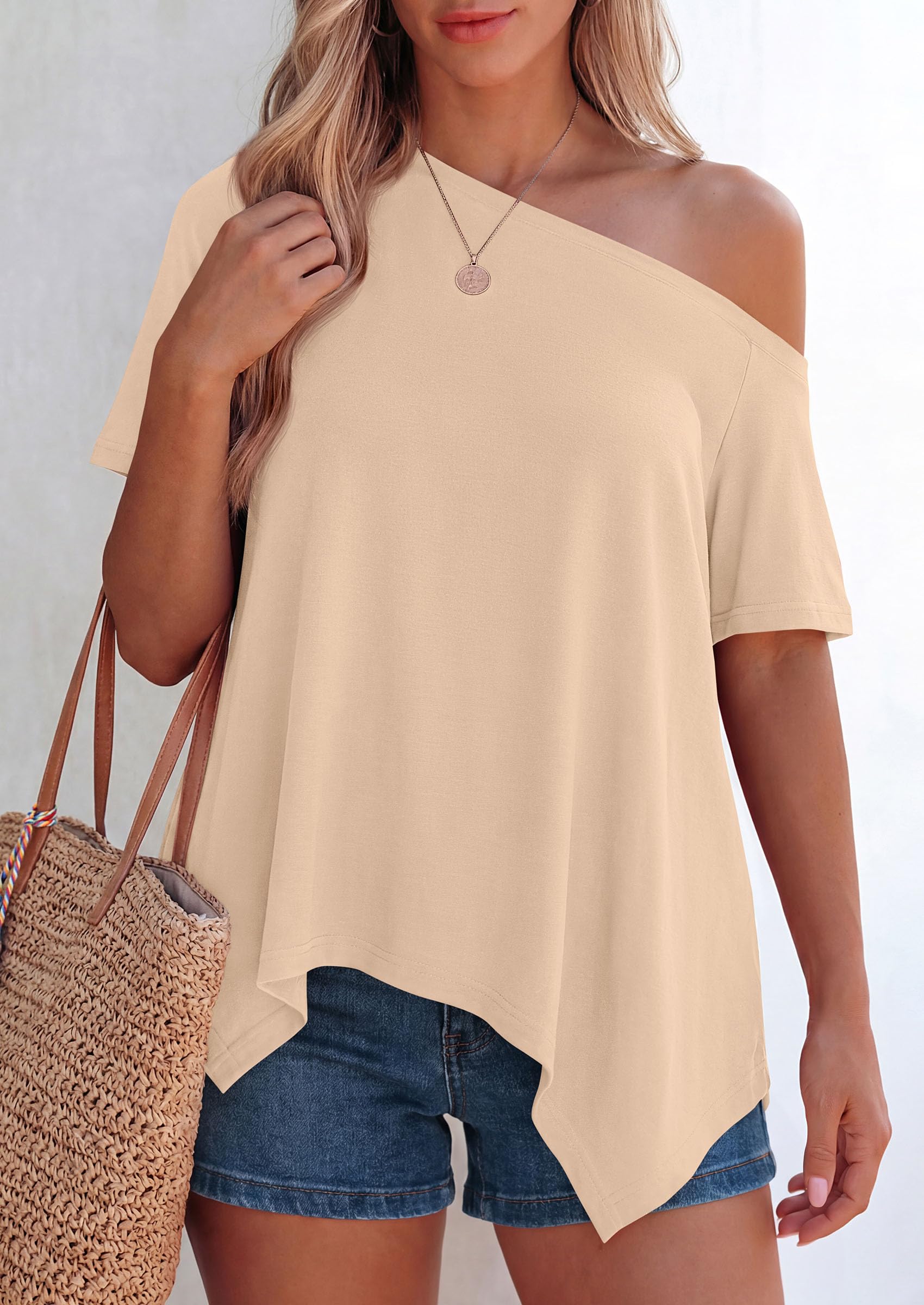 Off Shoulder Tops for Women Oversized Tshirts, Beige,M