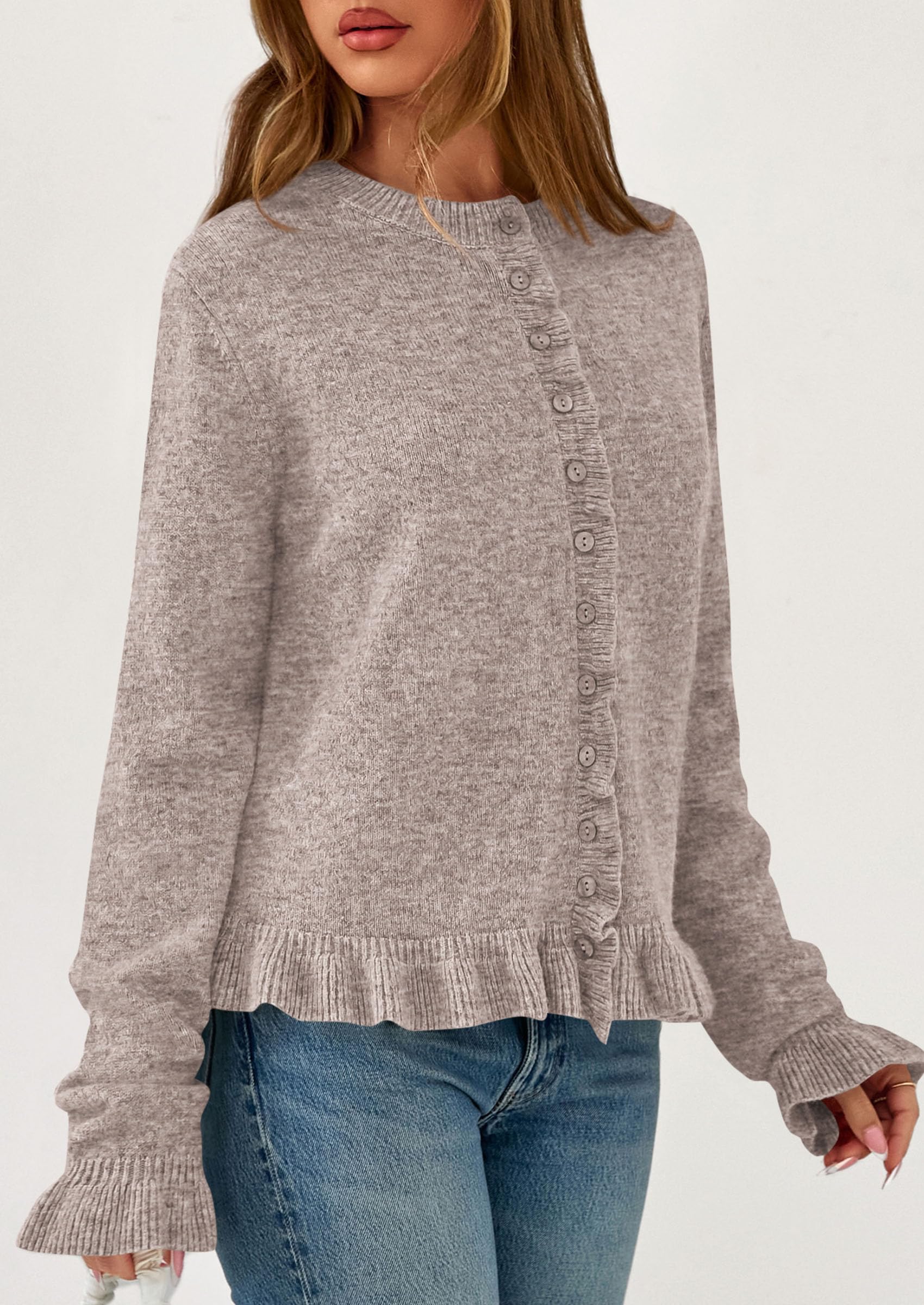 Womens Ruffle Button Down Cardigan Sweaters,Oatmeal,S