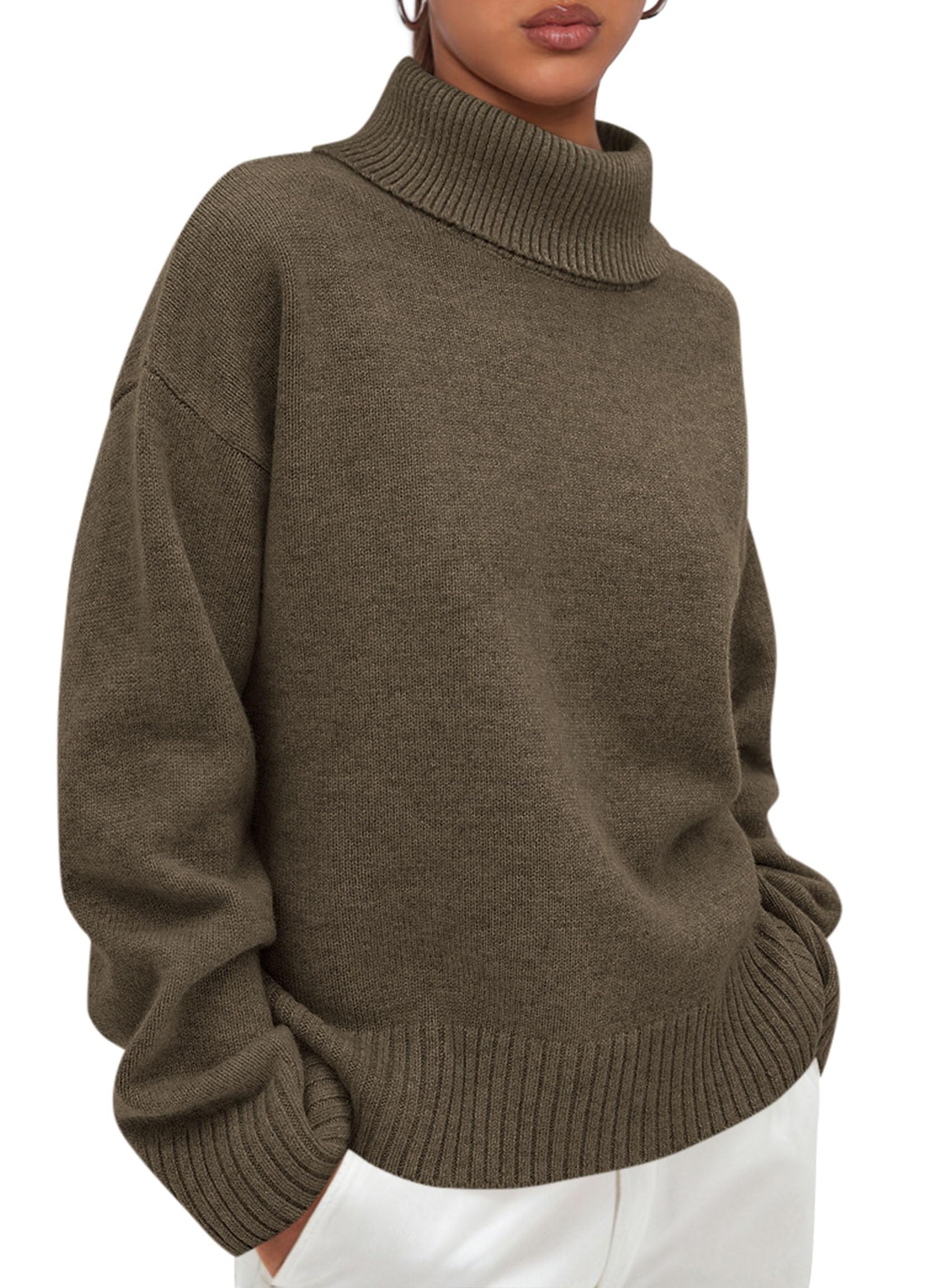 Womens Turtleneck Long Sleeve Knit Sweater,Dark Grey Green,S
