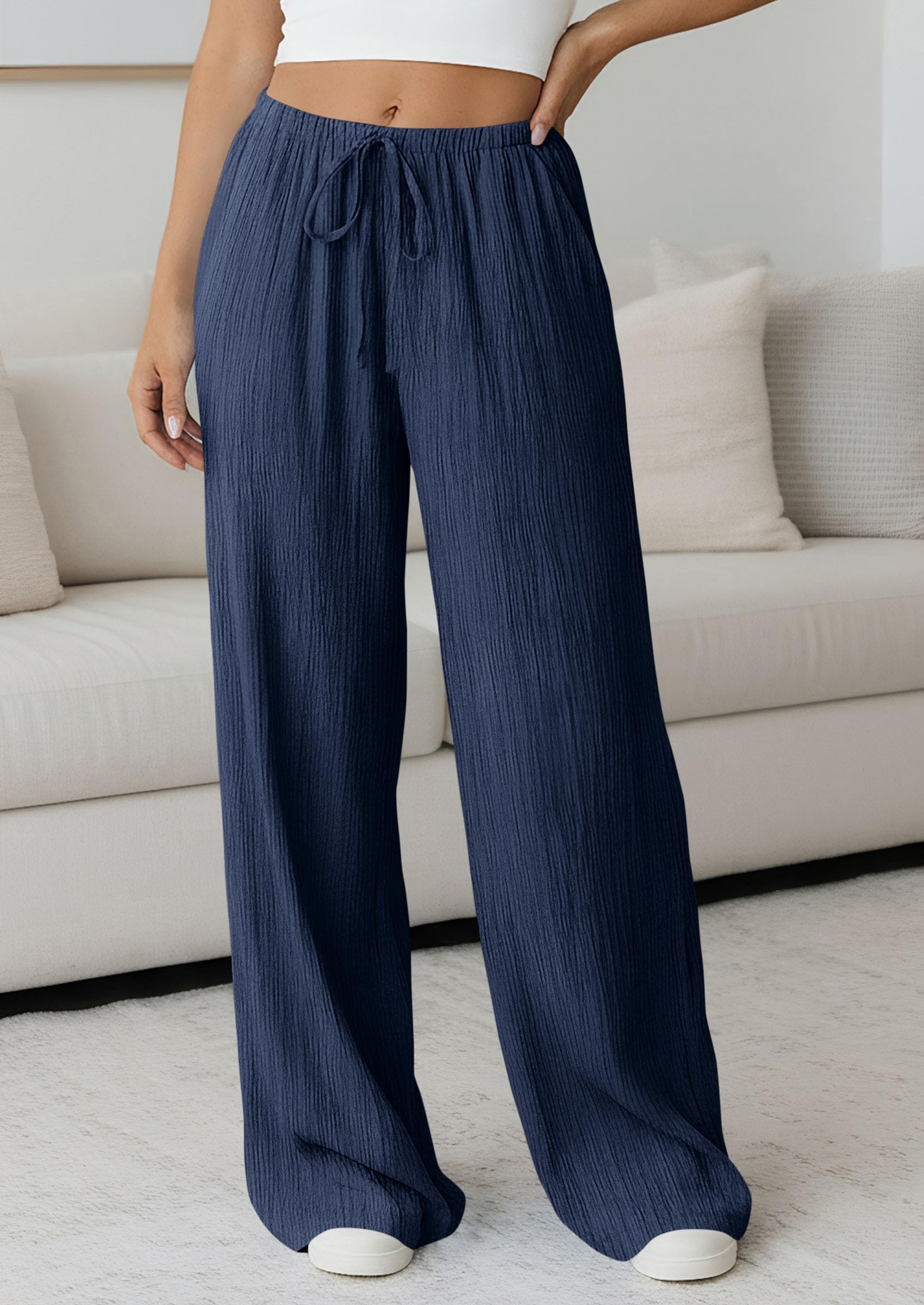 Women's Palazzo Pants Casual Wide Leg Trousers,Navy Blue,S