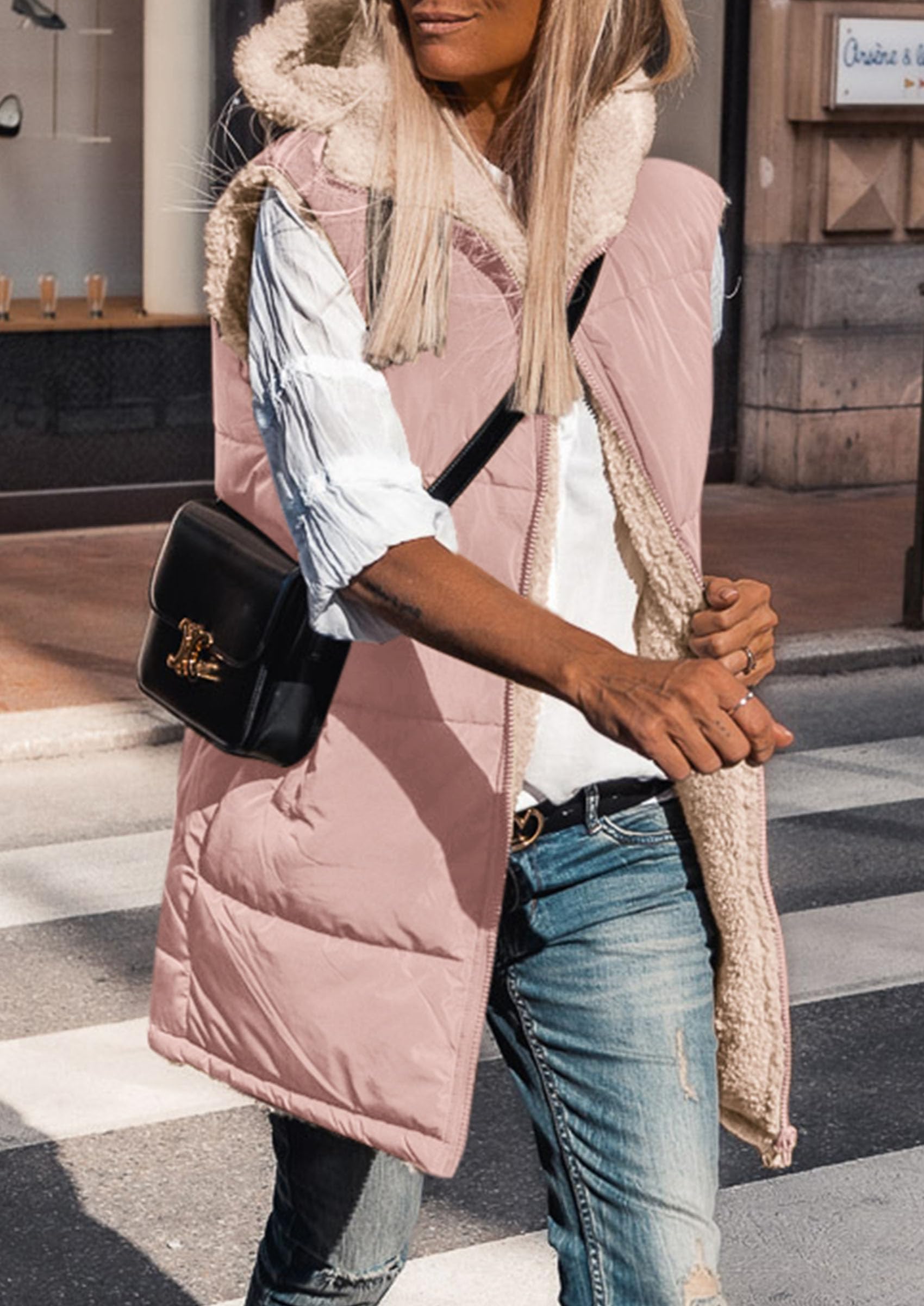 Women's Winter Reversible Fleece Long Vests(Light Pink,S)