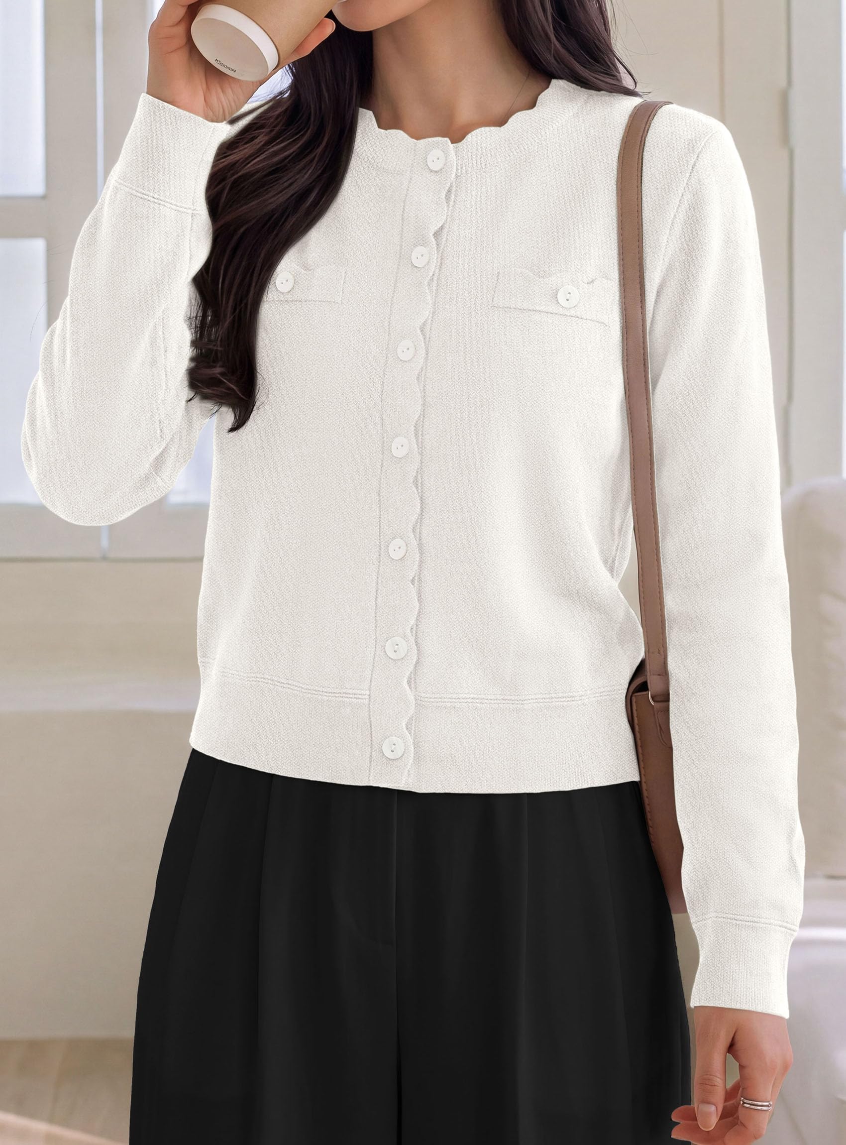 Womens Lightweight Cardigan Sweaters Scalloped Trim Fall Tops