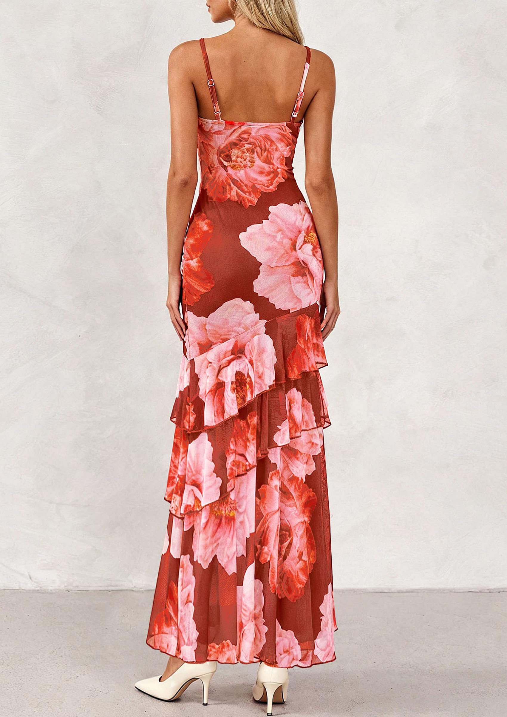 Women's Boho Floral Tiered Maxi Dress, Wine Red Big Floral,XS