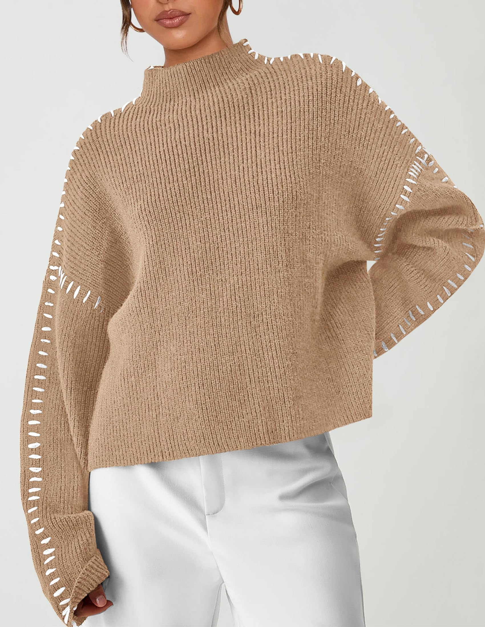 Womens Chunky Knit Oversized Pullover Sweaters,Light Khaki,S