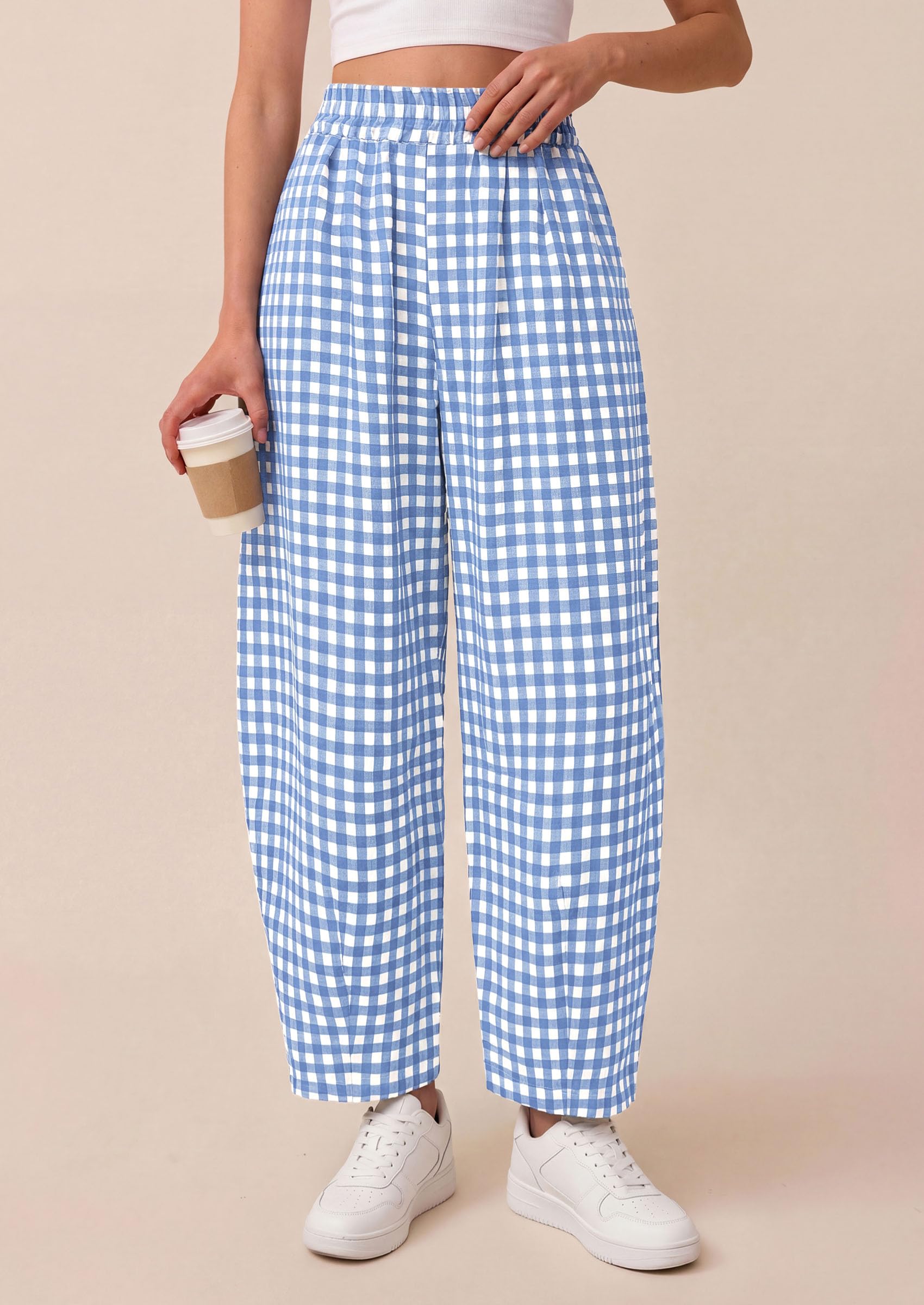 Plaid Barrel Pants Women Summer Bottoms, Light Blue Plaid,S