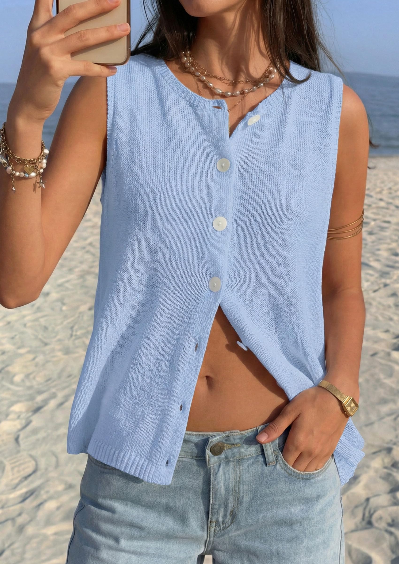 Women's Summer Button Up Sweater Vest Tops,Light Blue,S