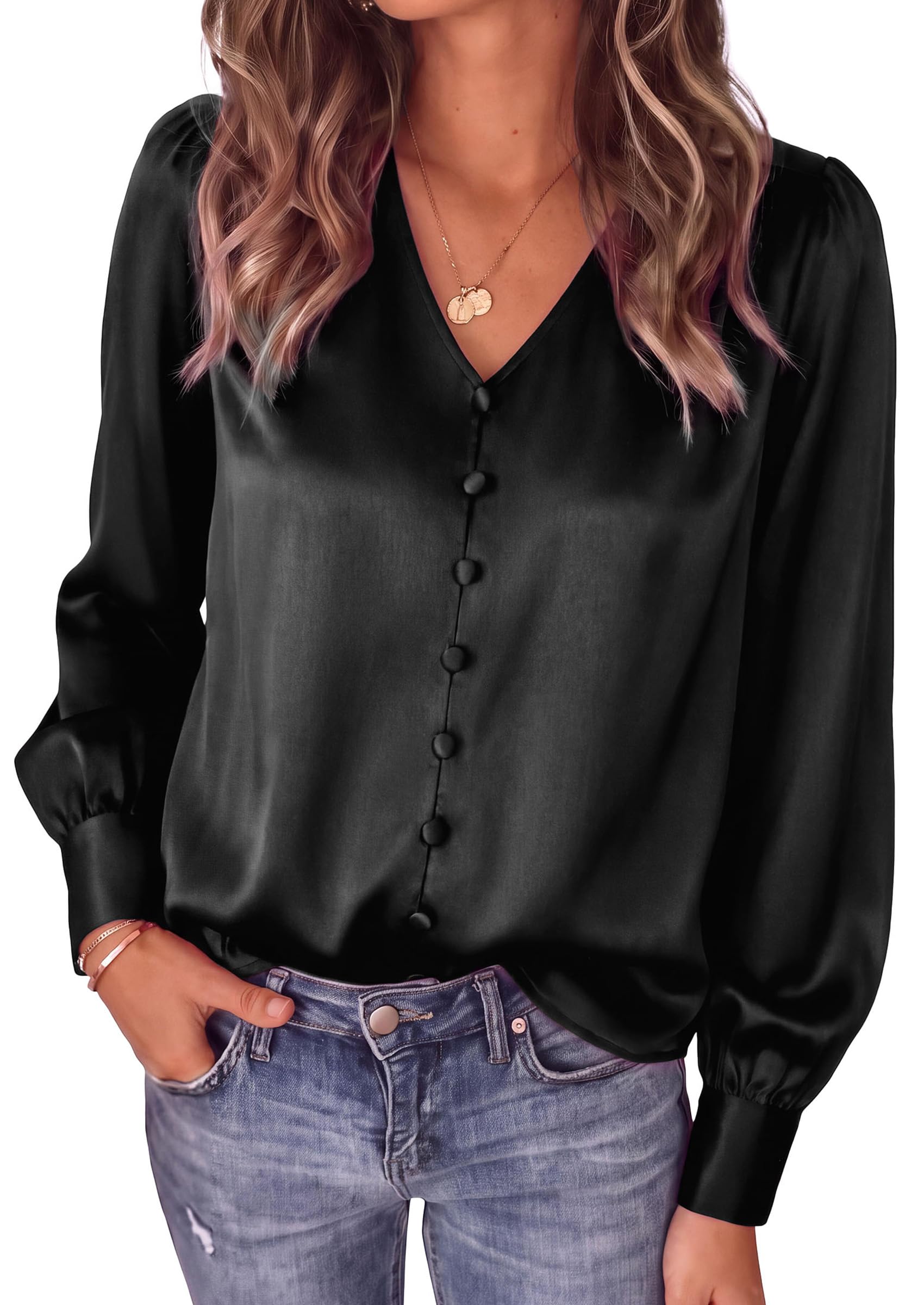 Womens Long Sleeve Satin Blouses Silk Business Casual Outfits