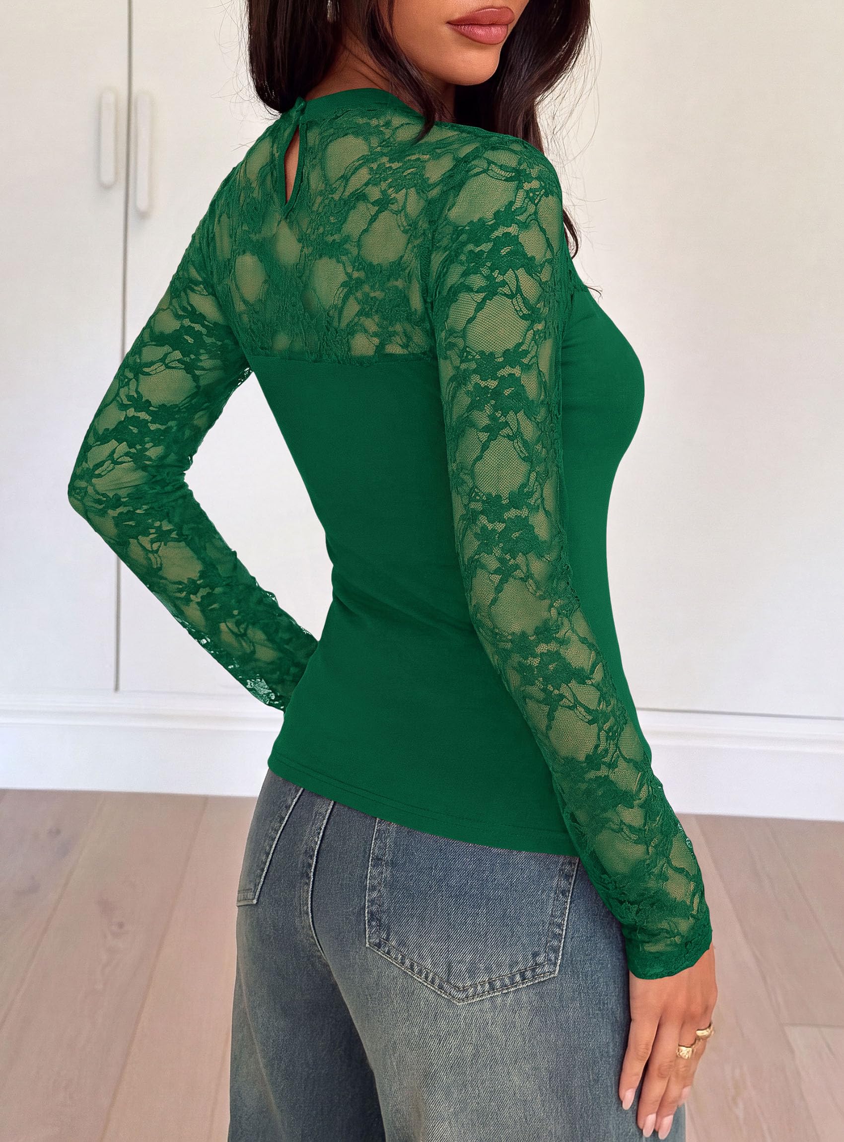 Womens Mesh Sheer Shirts Lace Long Sleeve Tops,Green,S