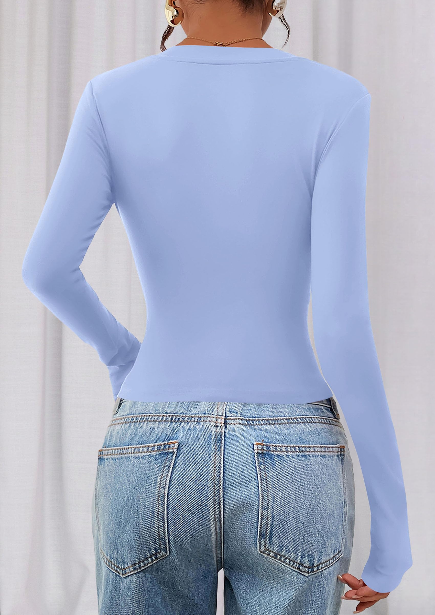 Womens Long Sleeve Slim Fit Crop Tops,Light Blue,XS