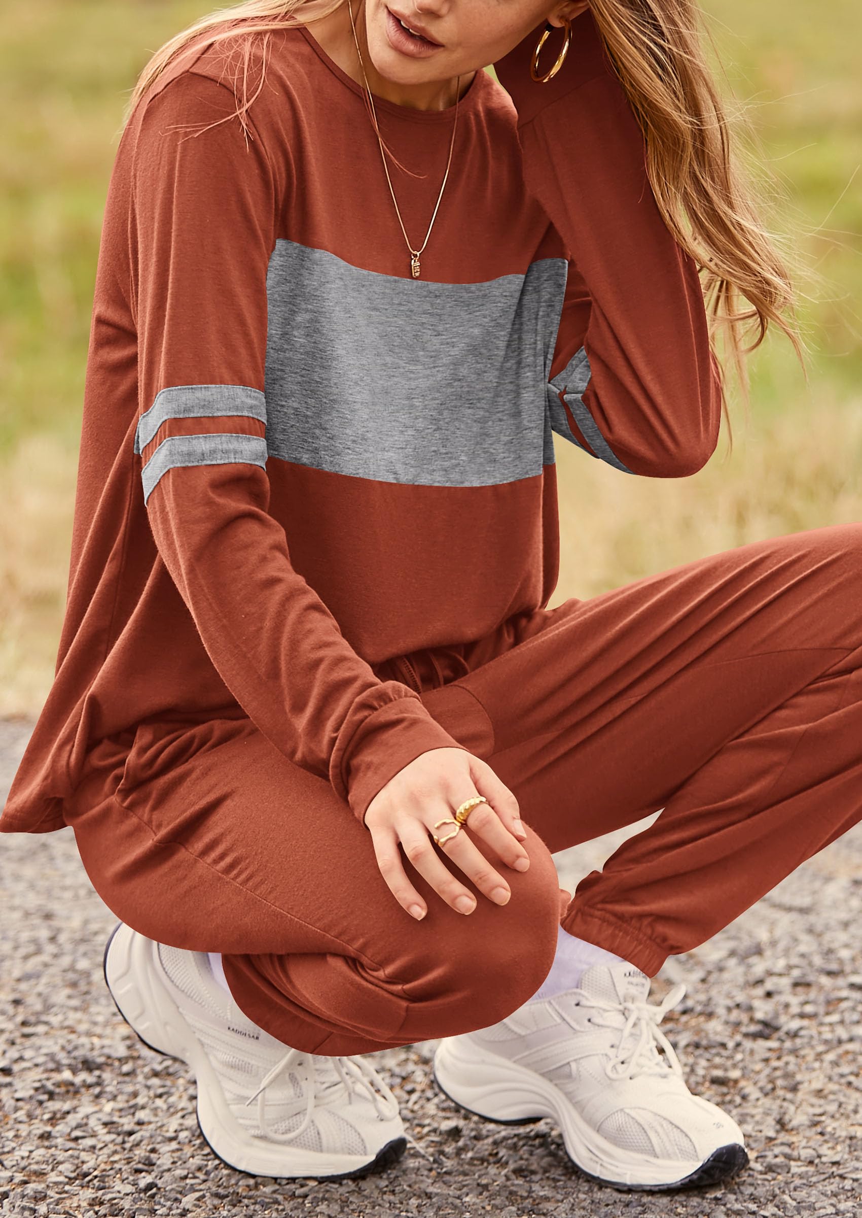 Women Color Block 2 Piece Sets Tracksuit,Caramel,S
