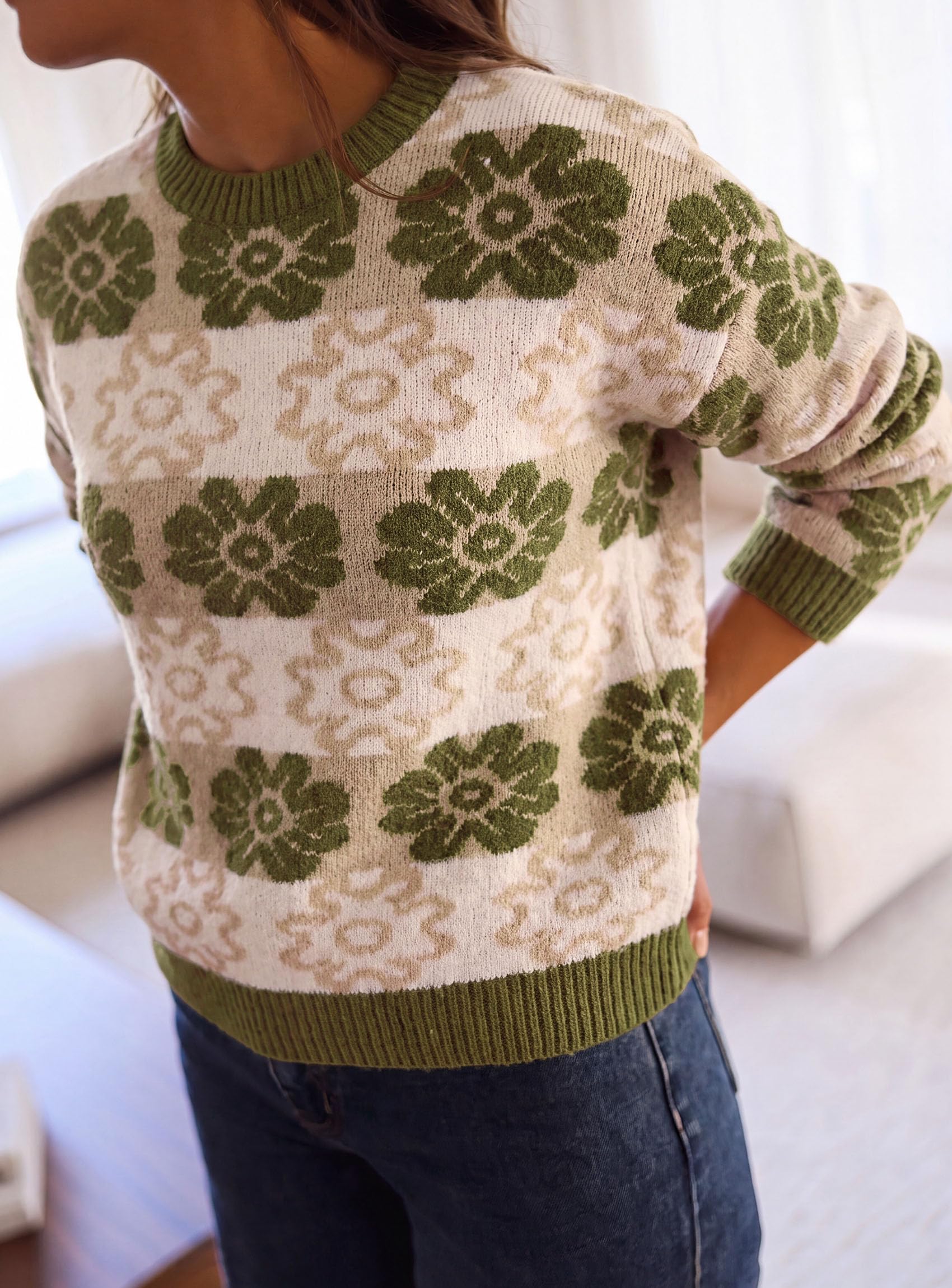 Women's Floral Crewneck Sweater Knit Pullover,Army Green,S