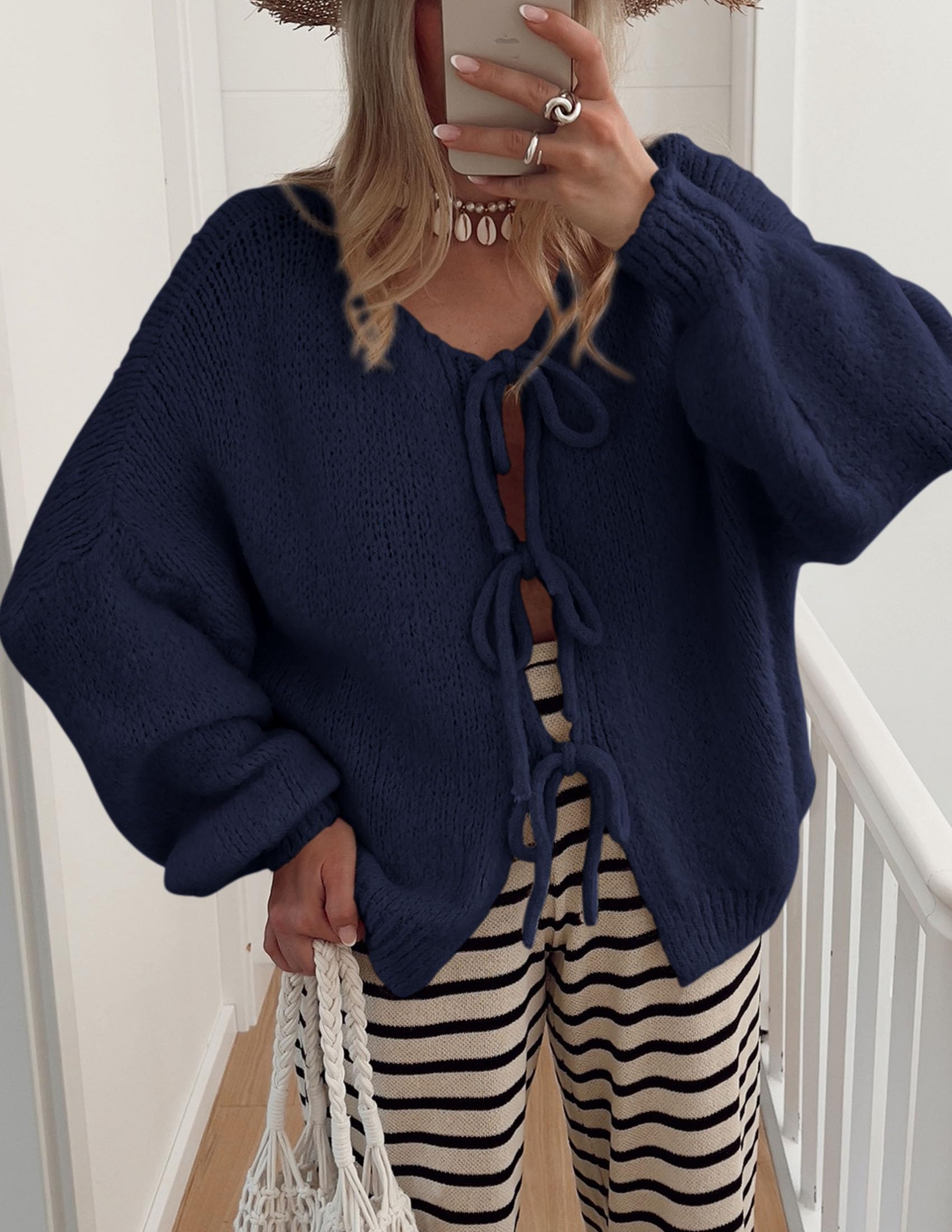Women's Tie Front Bow Cardigan Sweaters(Navy,Small)