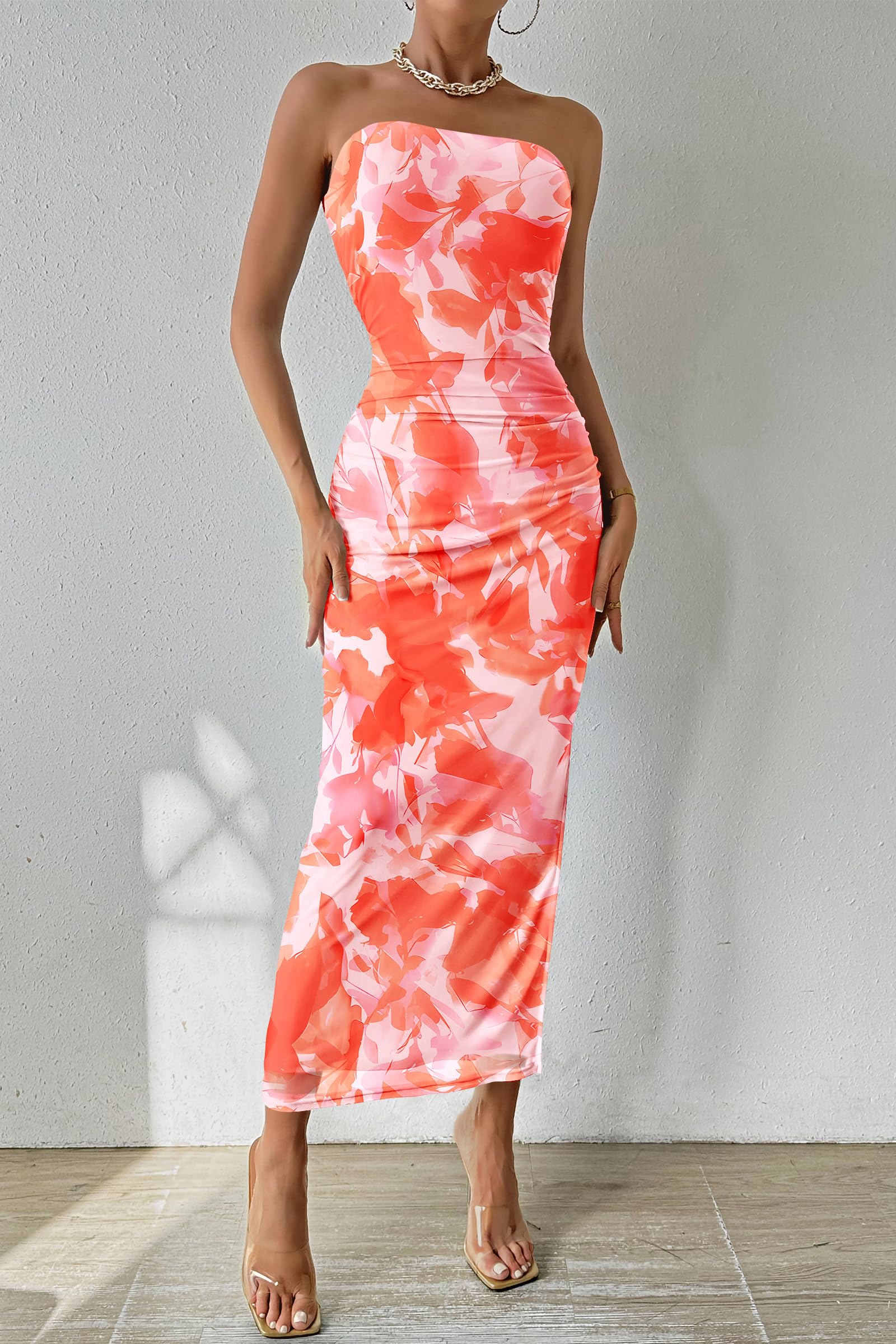 Womens Strapless Bodycon Maxi Dress, Print Light Orange,S