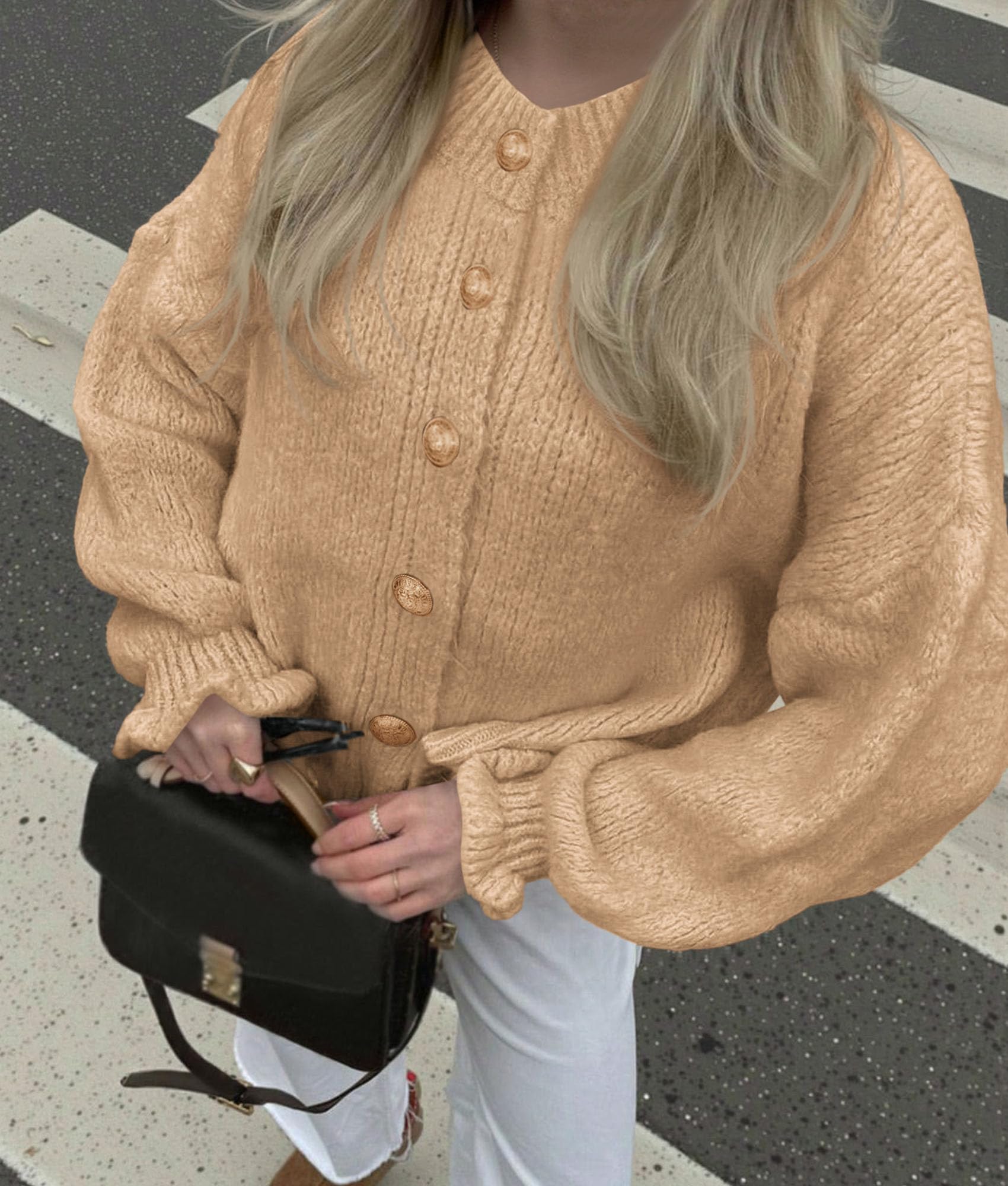Womens Long Sleeve Chunky Knit Cardigan Sweaters,Khaki,S