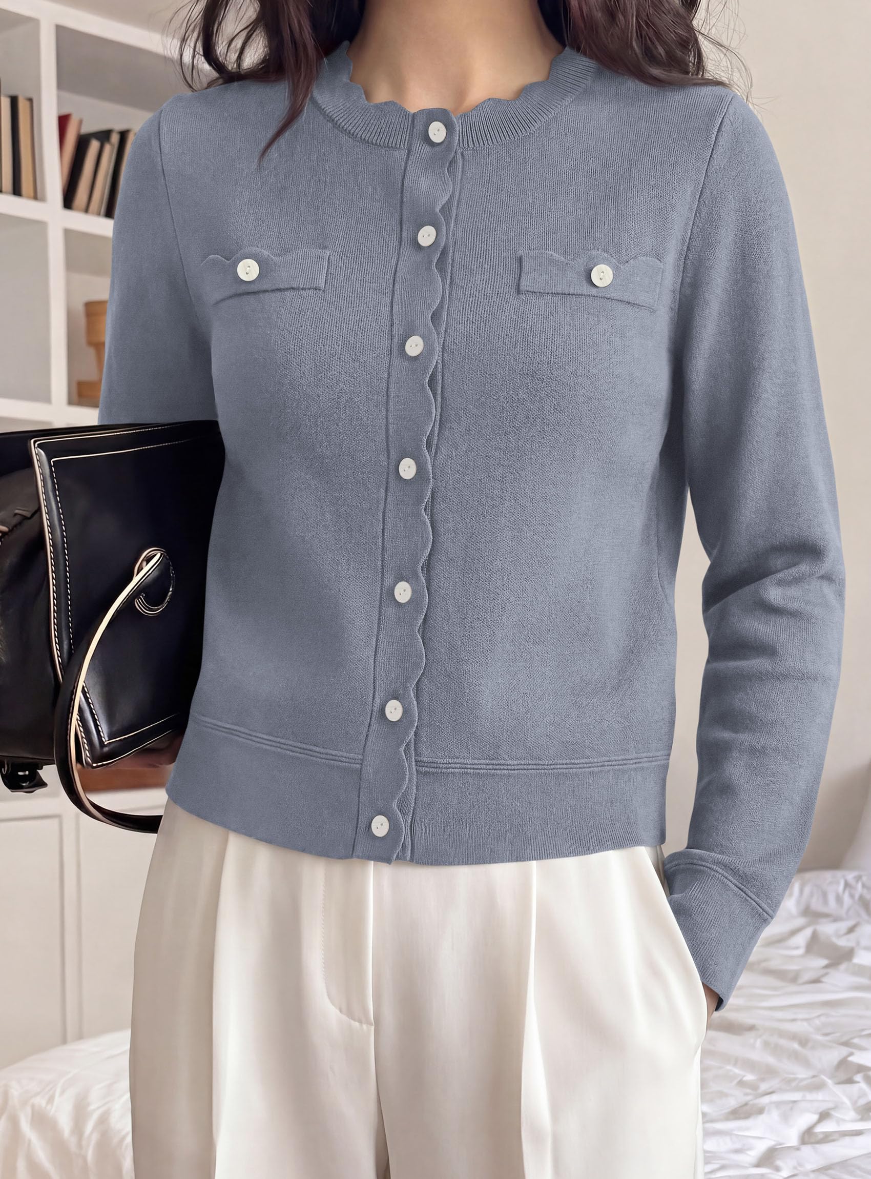 Womens Lightweight Cardigan Sweaters Scalloped Trim Fall Tops