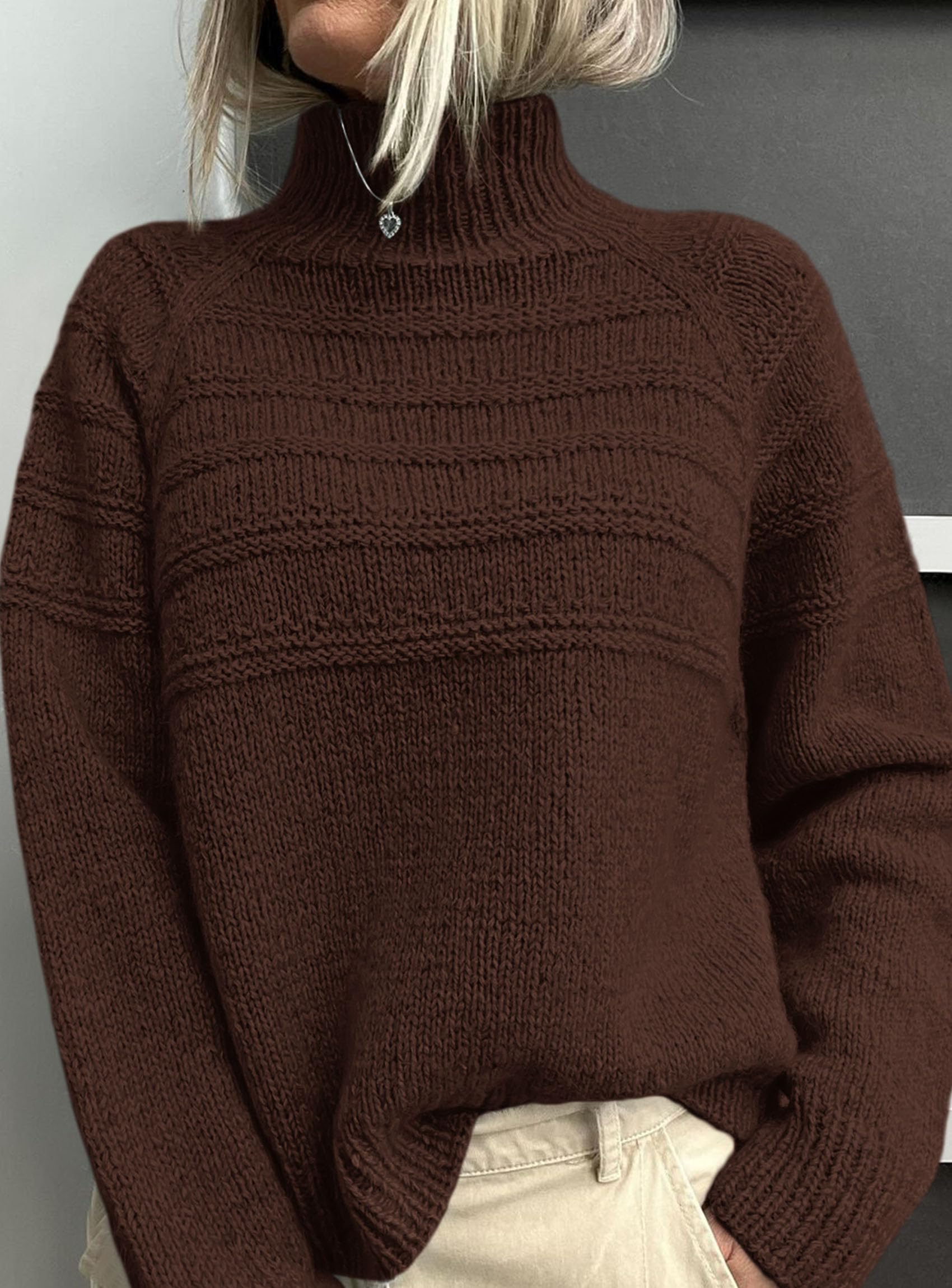 Women's Chunky Knit Mock Neck Pullover Sweaters,Brown,S