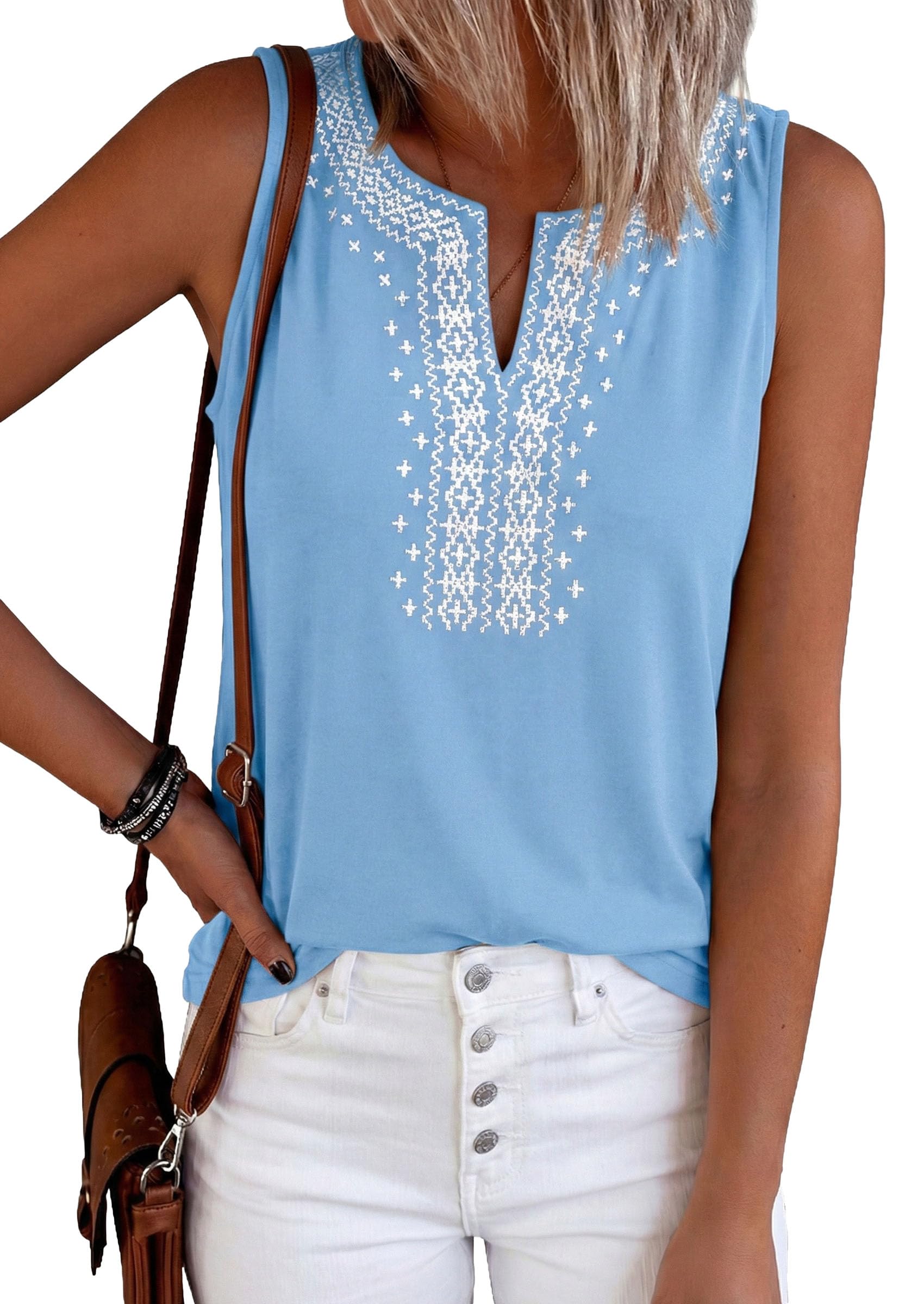 Womens Embroidered Sleeveless Tank Tops Light Blue,S