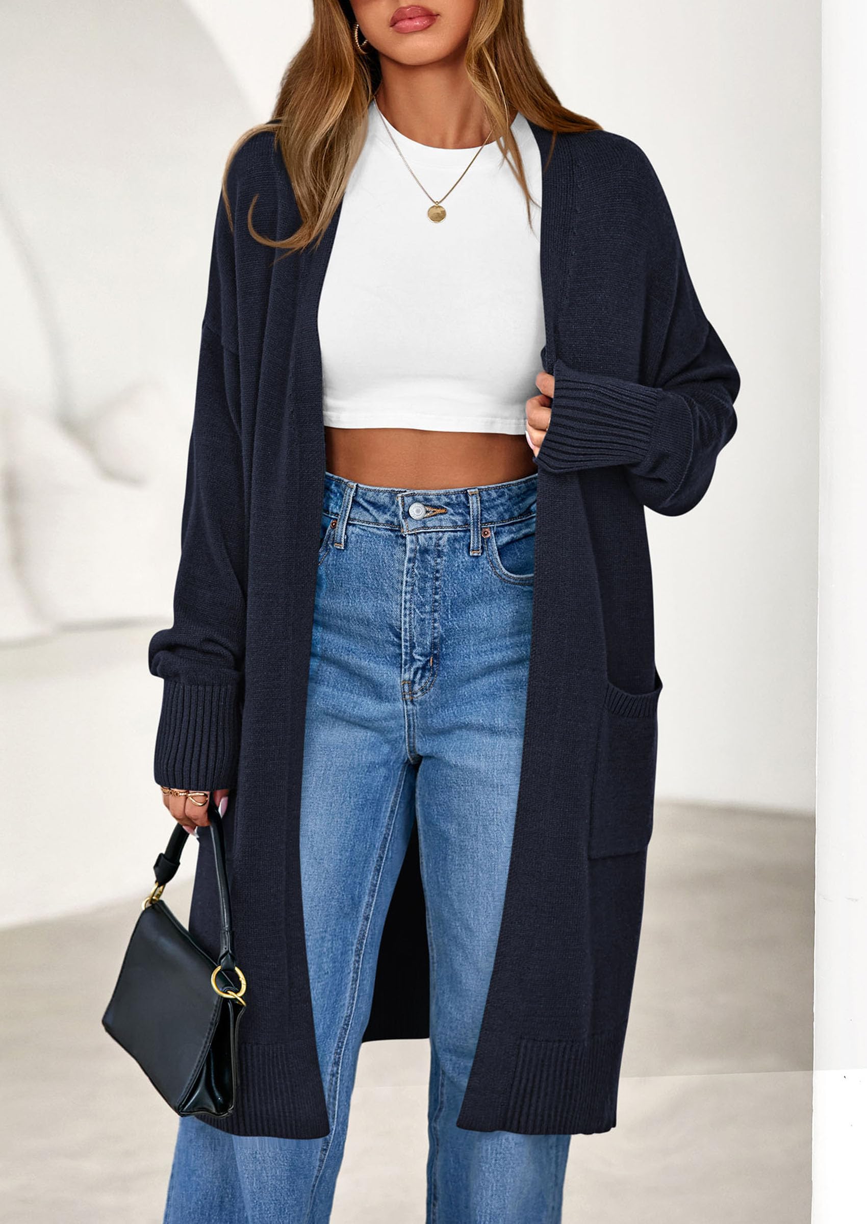 Women's Oversized Open Front Long Knit Cardigan,Navy,S