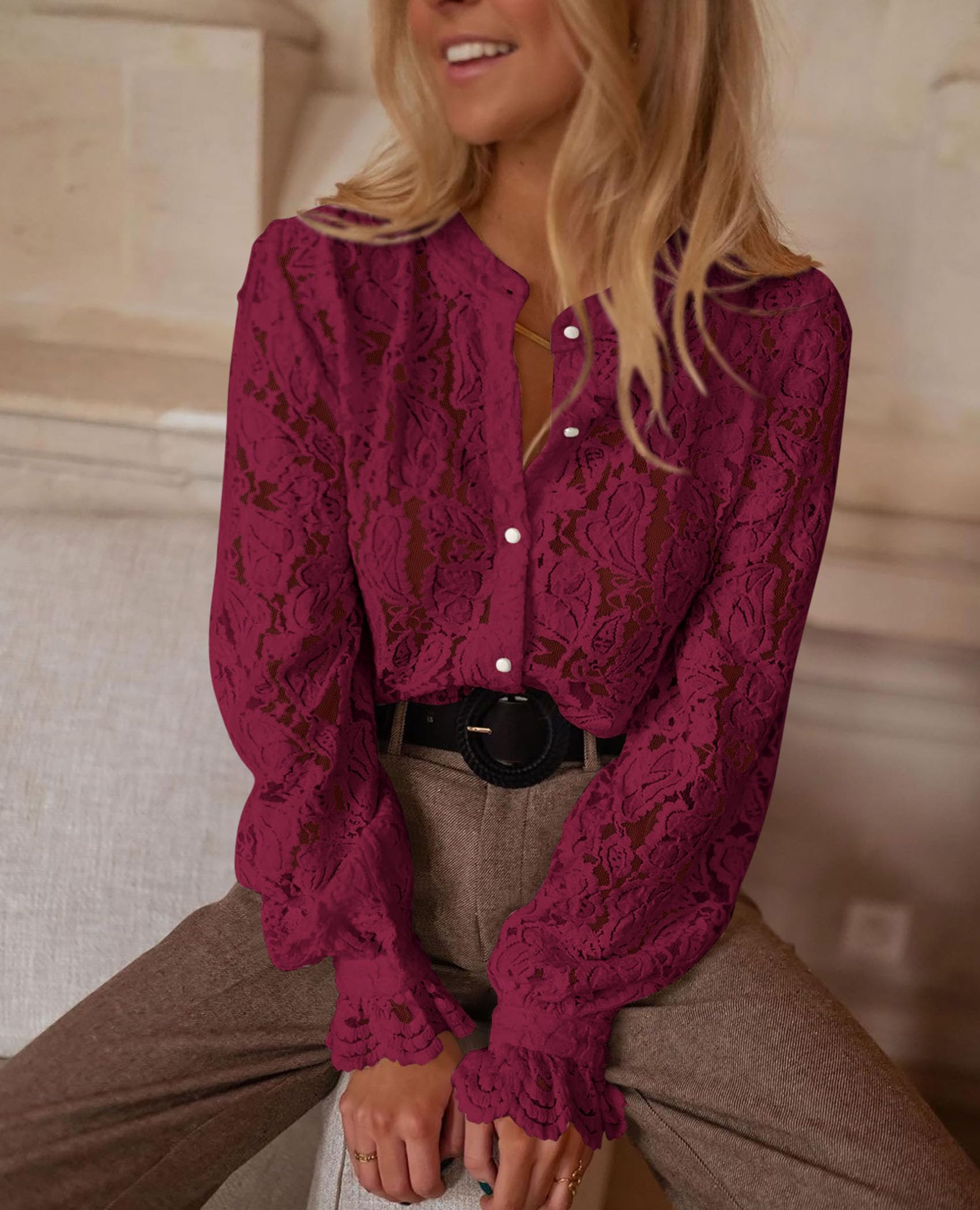 Women's Fall Trendy Long Sleeve Lace Tops(Wine Red,Small)