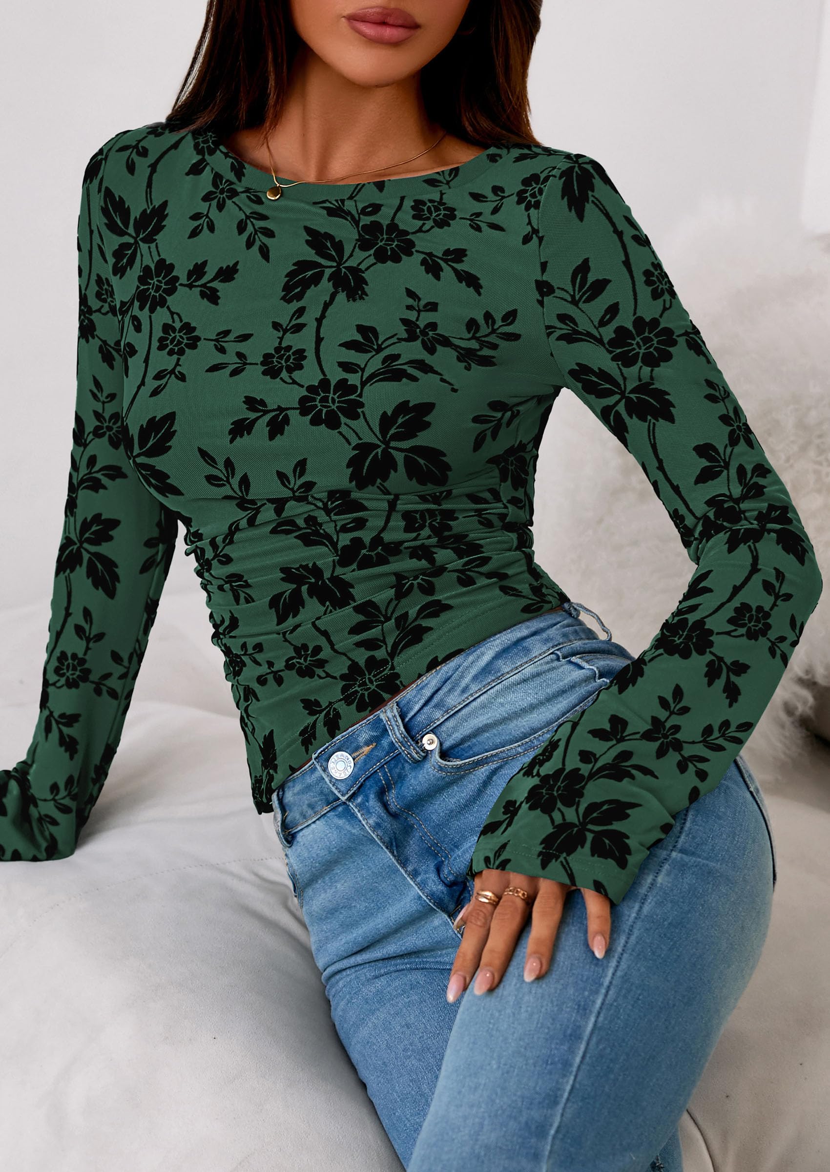 Women's Long Bell Sleeve Y2K Tops Boho Floral Mesh Blouses
