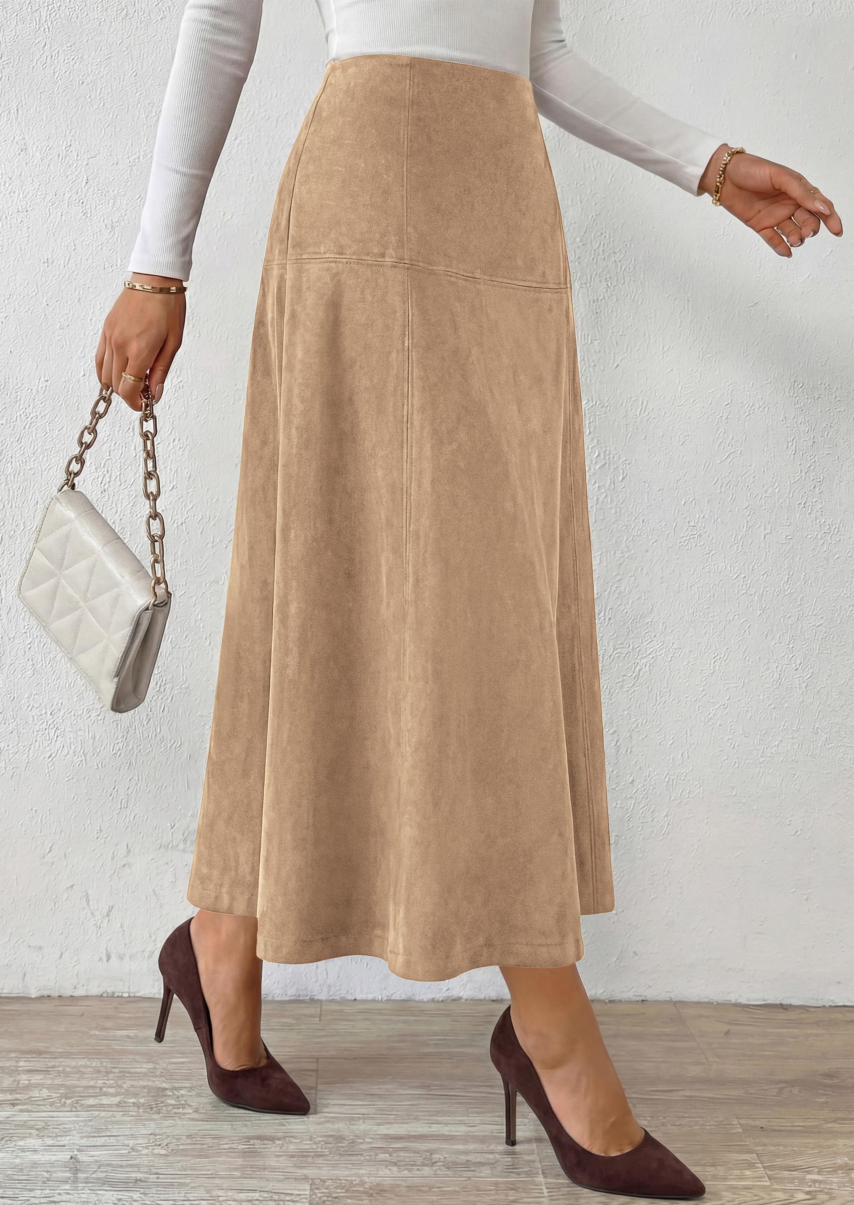 Womens High Waist Faux Suede A Line Midi Skirt,Apricot,S