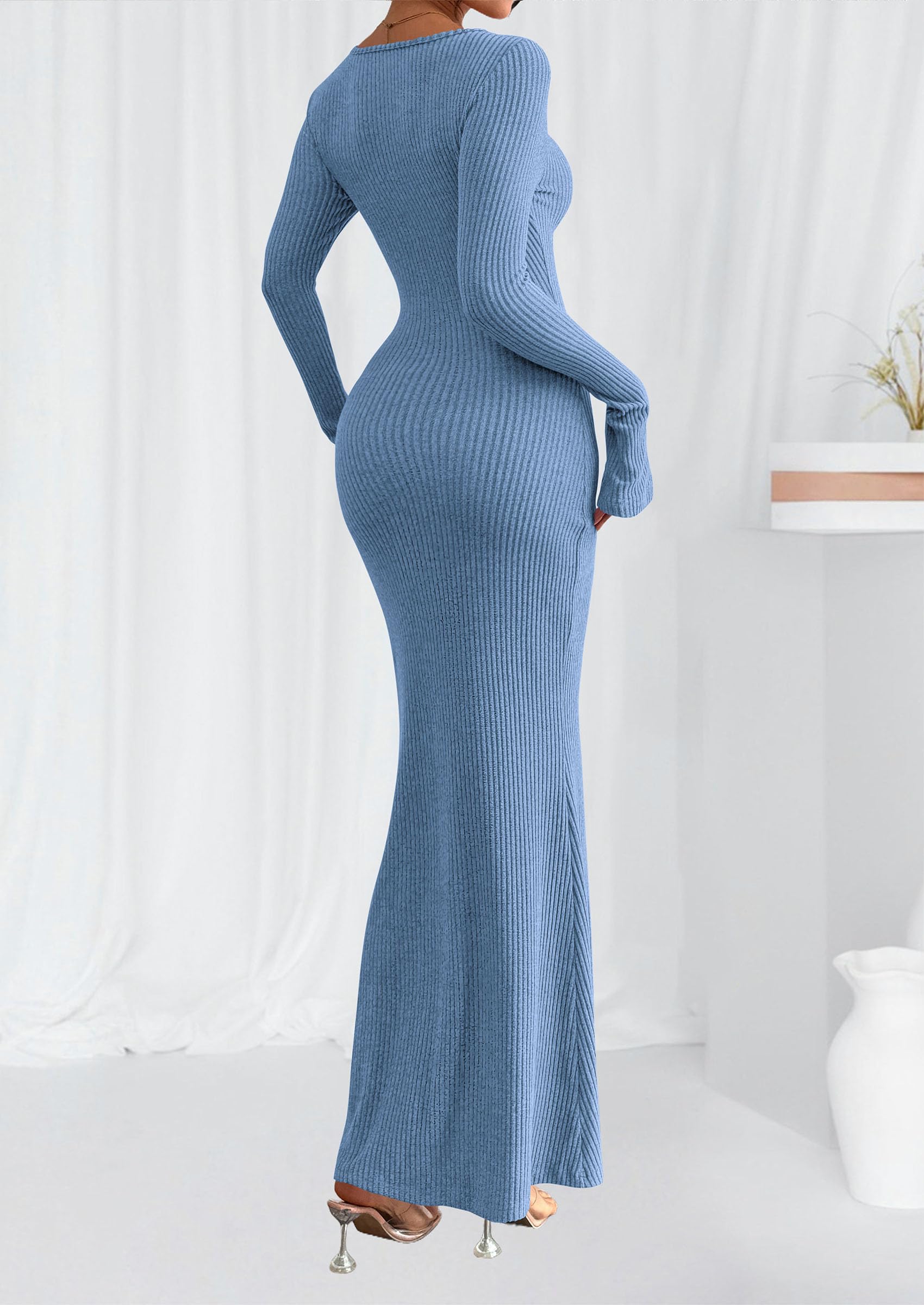 Women's Fall Long Sleeve Bodycon Maxi Dresses (Lake Blue,XS)