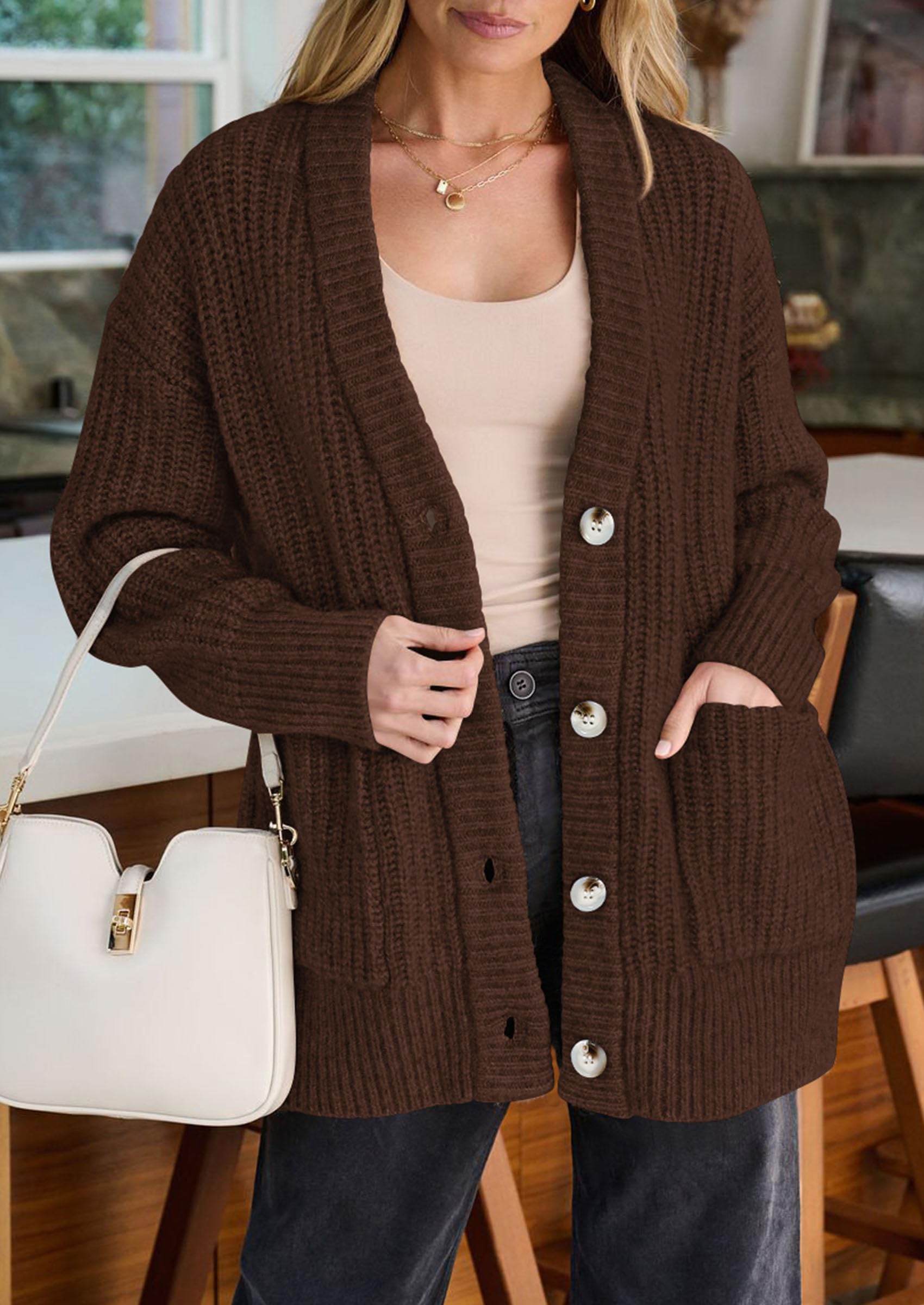 Oversized Cardigan Sweaters for Women Button Up,Brown,S
