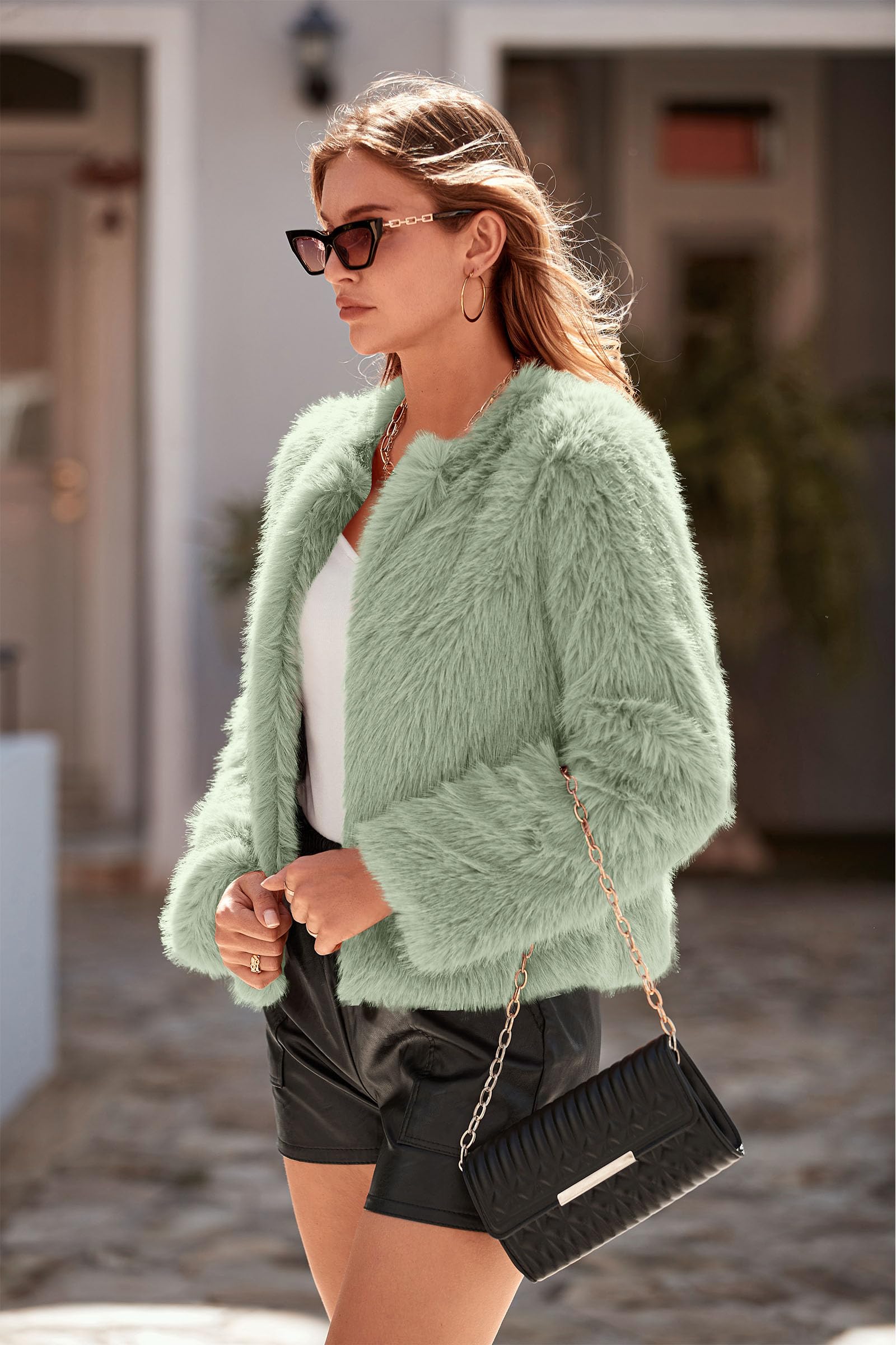 Women's Winter Cropped Faux Fur Coats(Bean Green,Small)